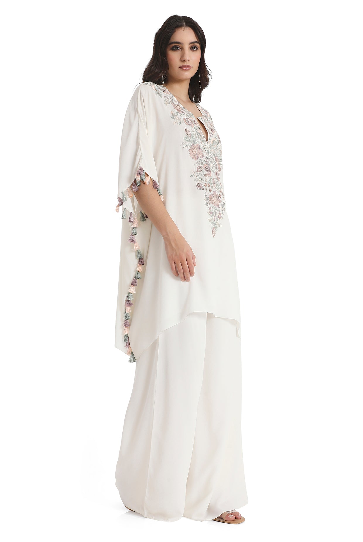 Ivory Embroidered Crepe Kaftan With Crepe Palazzo