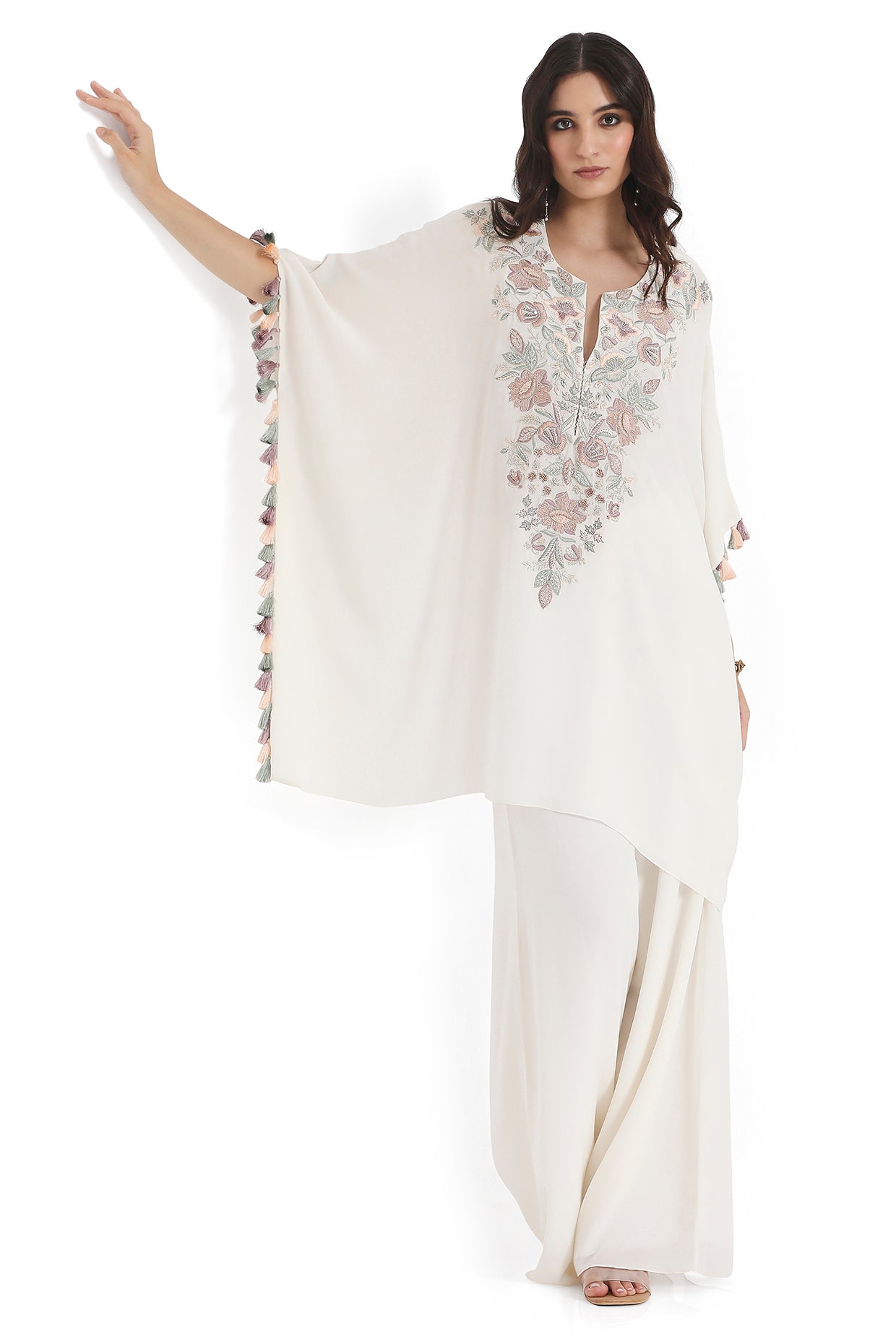 Ivory Embroidered Crepe Kaftan With Crepe Palazzo