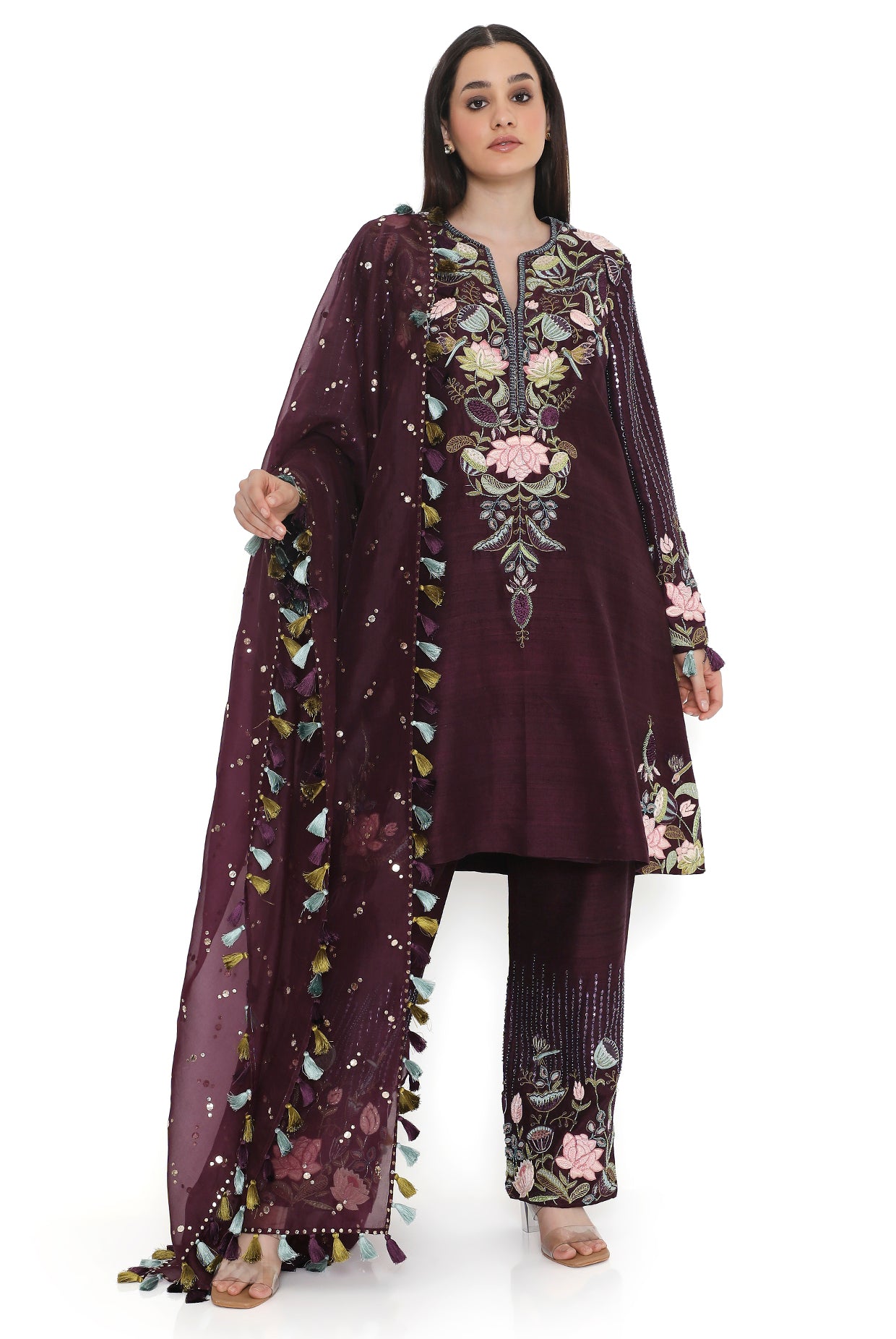 Purple Embroidered Kurta With Embroidered Pant With Dupatta