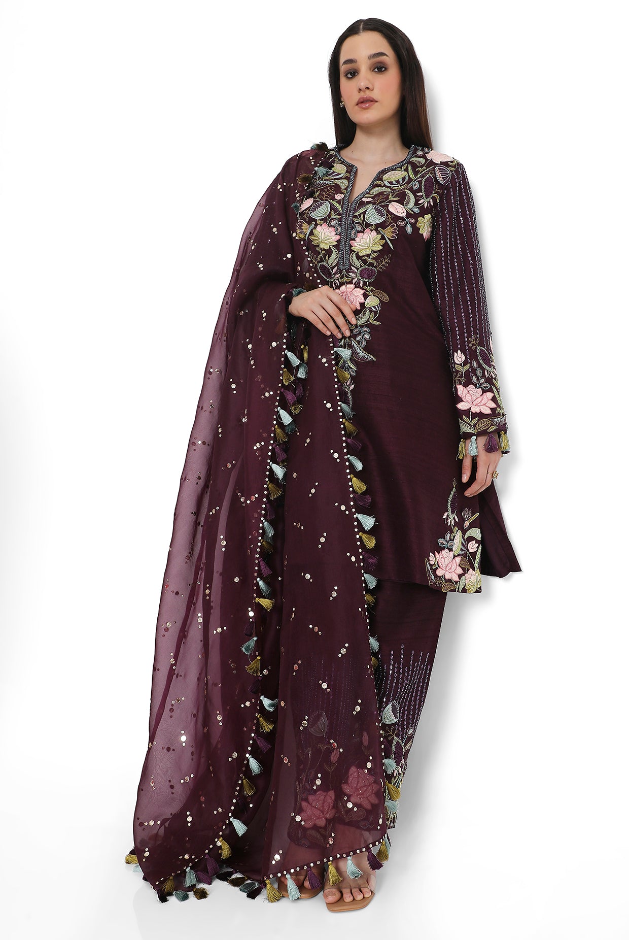 Purple Embroidered Kurta With Embroidered Pant With Dupatta