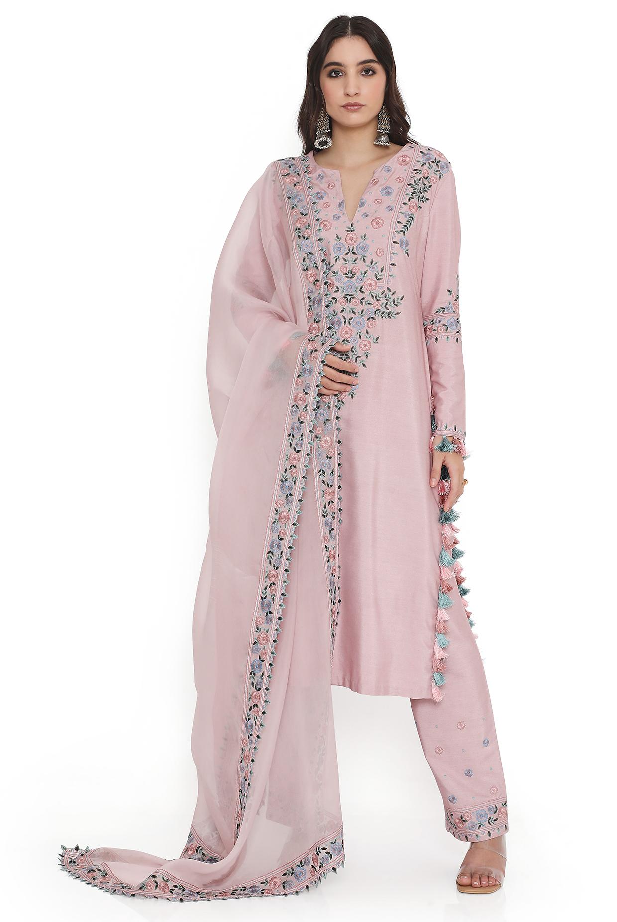 Blush Pink Embroidered Kurta With Pant And Embroidered Dupatta