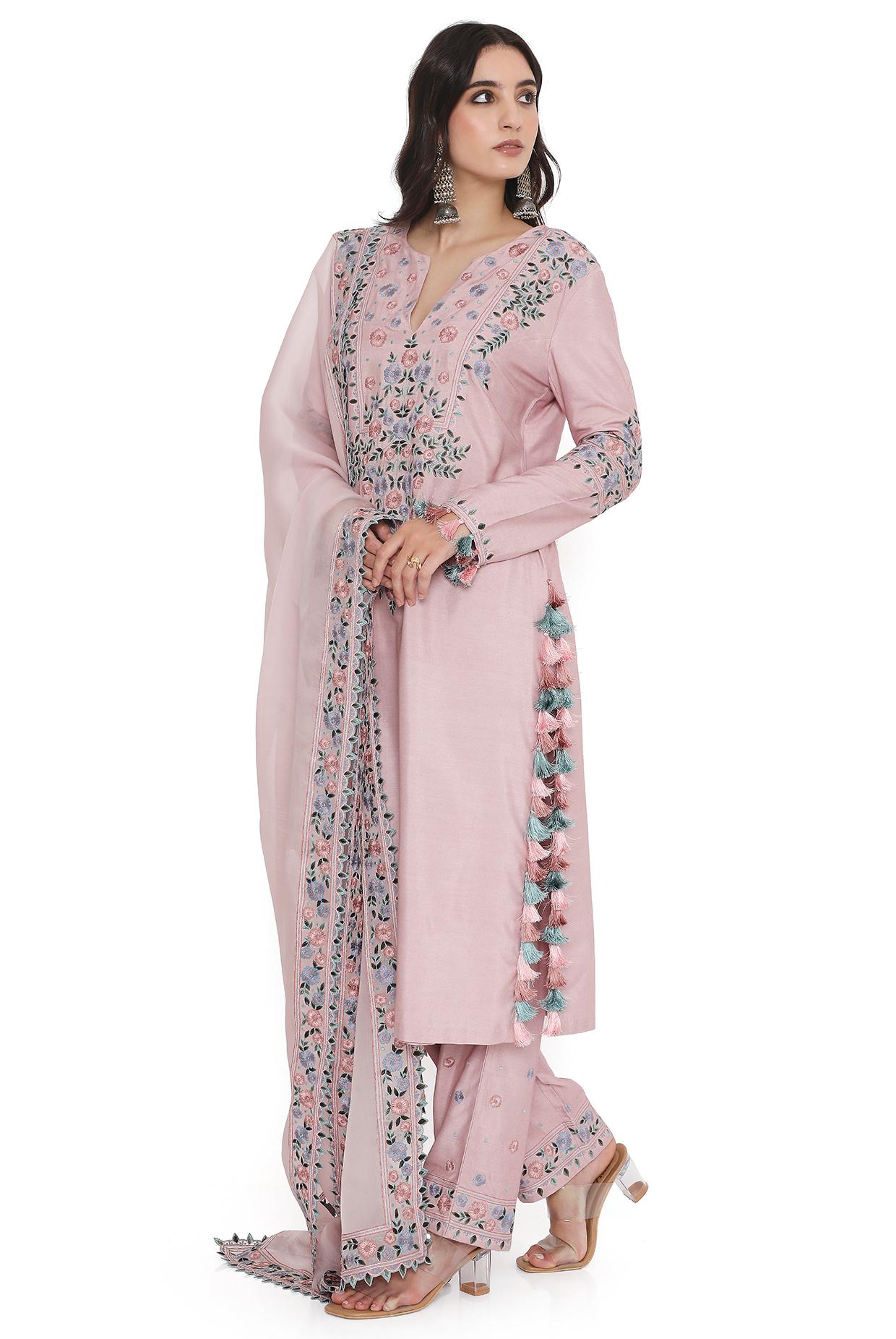 Blush Pink Embroidered Kurta With Pant And Embroidered Dupatta