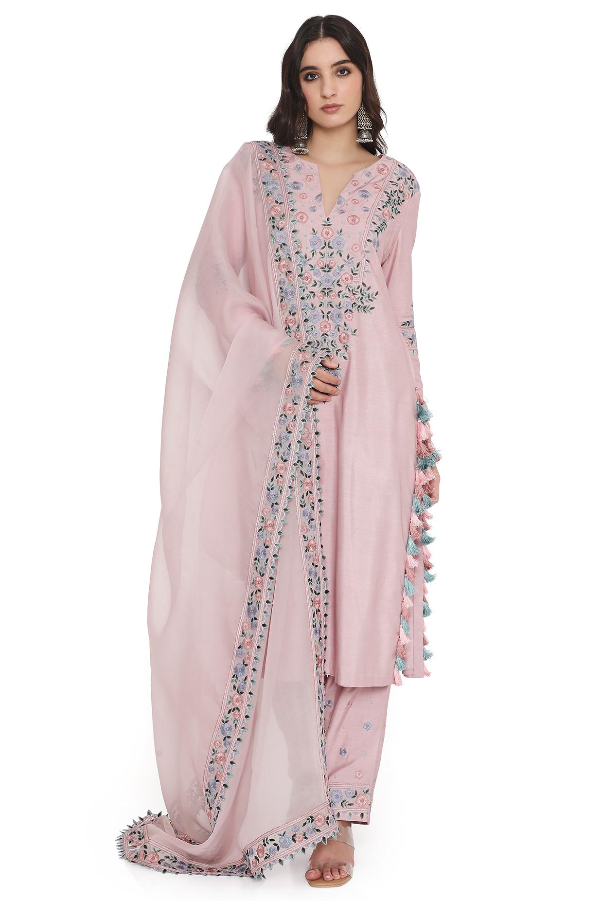 Blush Pink Embroidered Kurta With Pant And Embroidered Dupatta