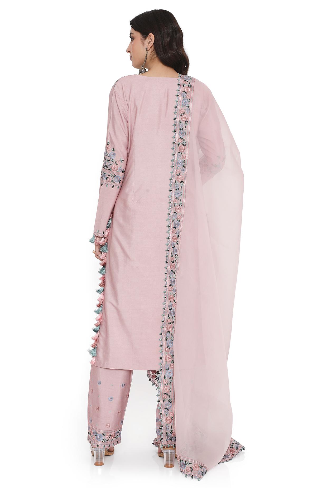 Blush Pink Embroidered Kurta With Pant And Embroidered Dupatta