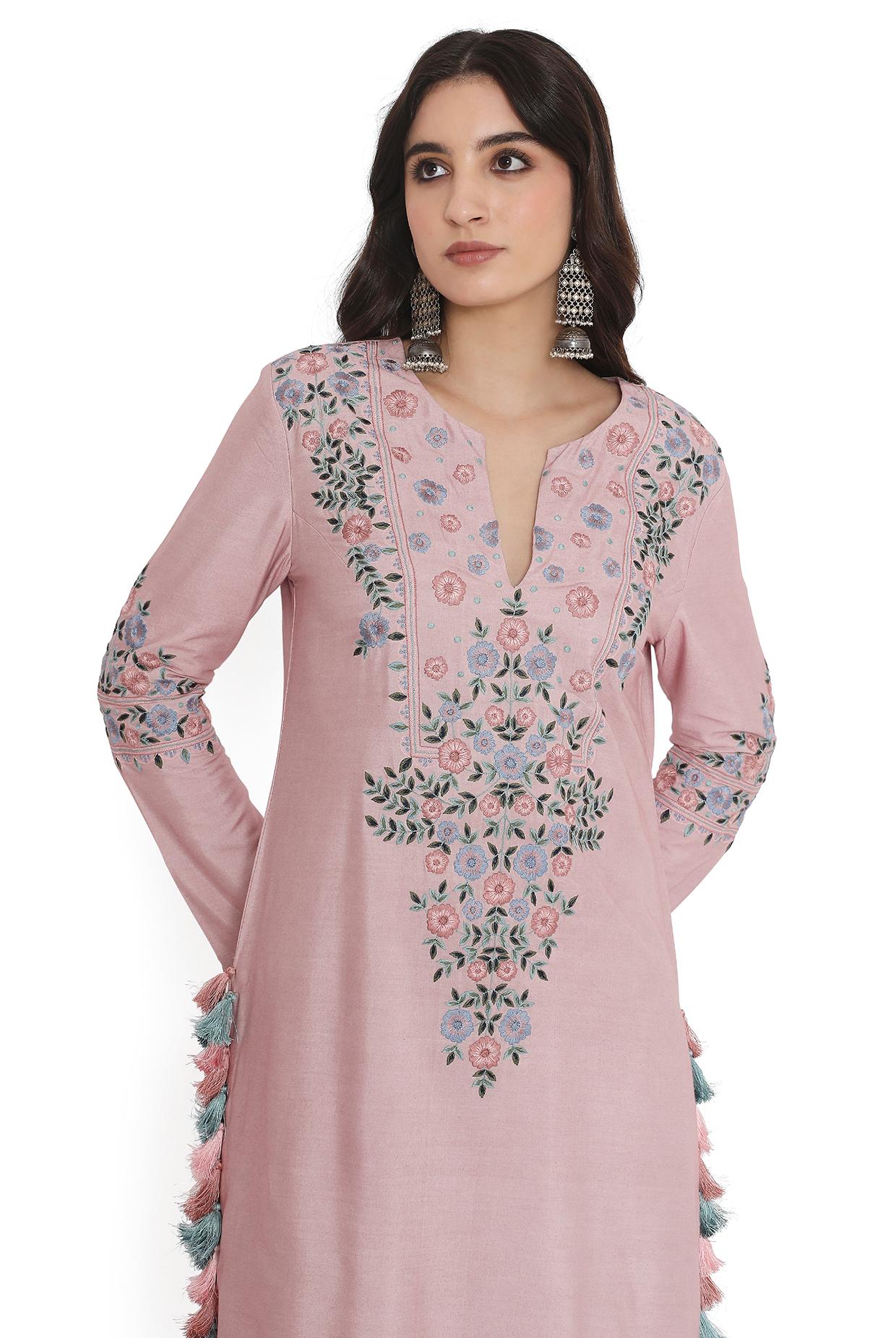 Blush Pink Embroidered Kurta With Pant And Embroidered Dupatta