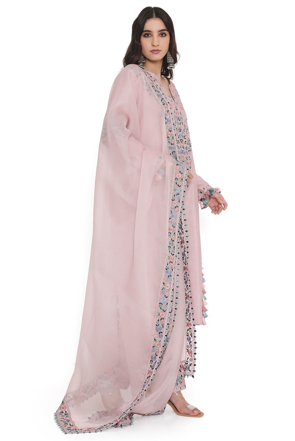 Blush Pink Embroidered Kurta With Pant And Embroidered Dupatta