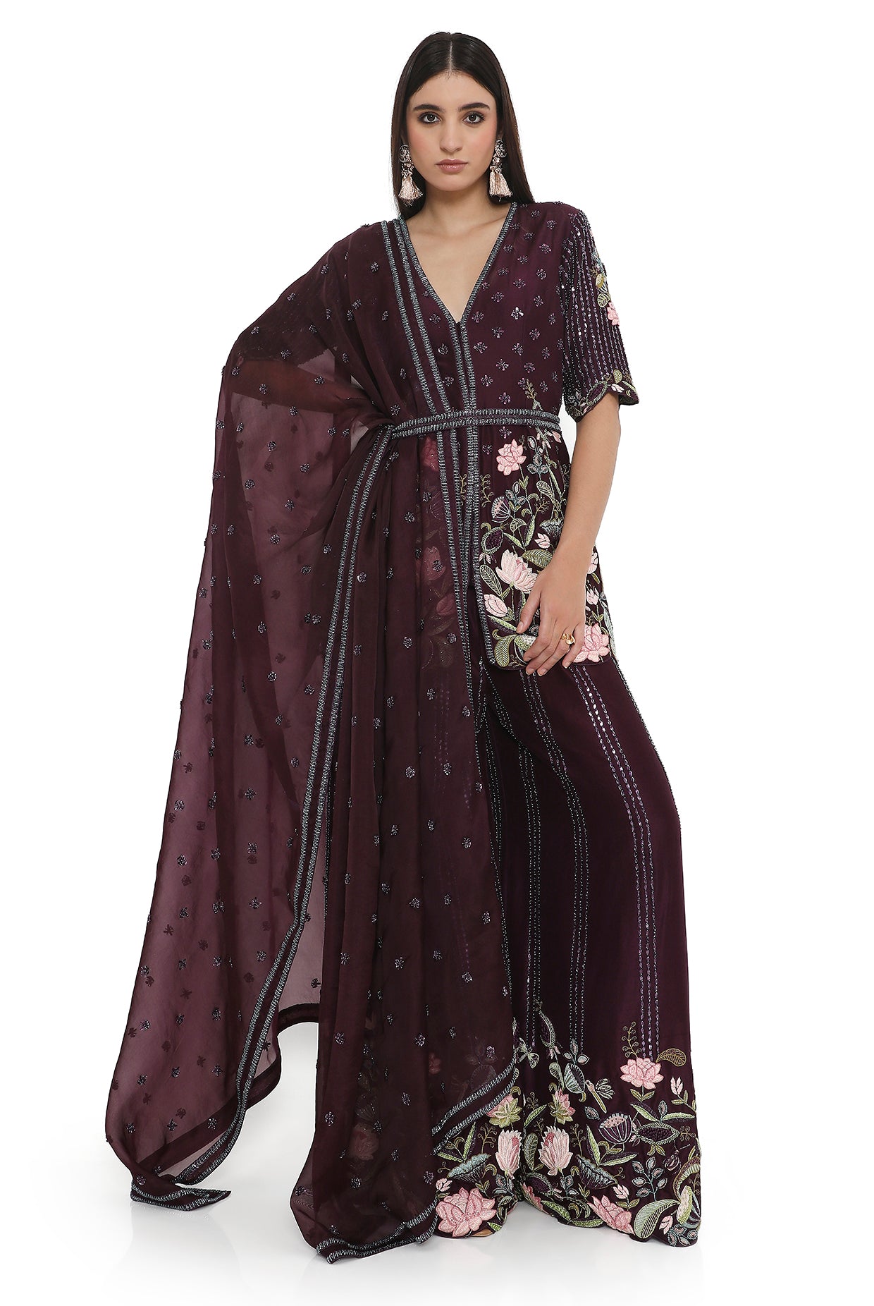 Purple Embroidered Kurta With Palazzo And Embroidered Belt With Embroidered Dupatta