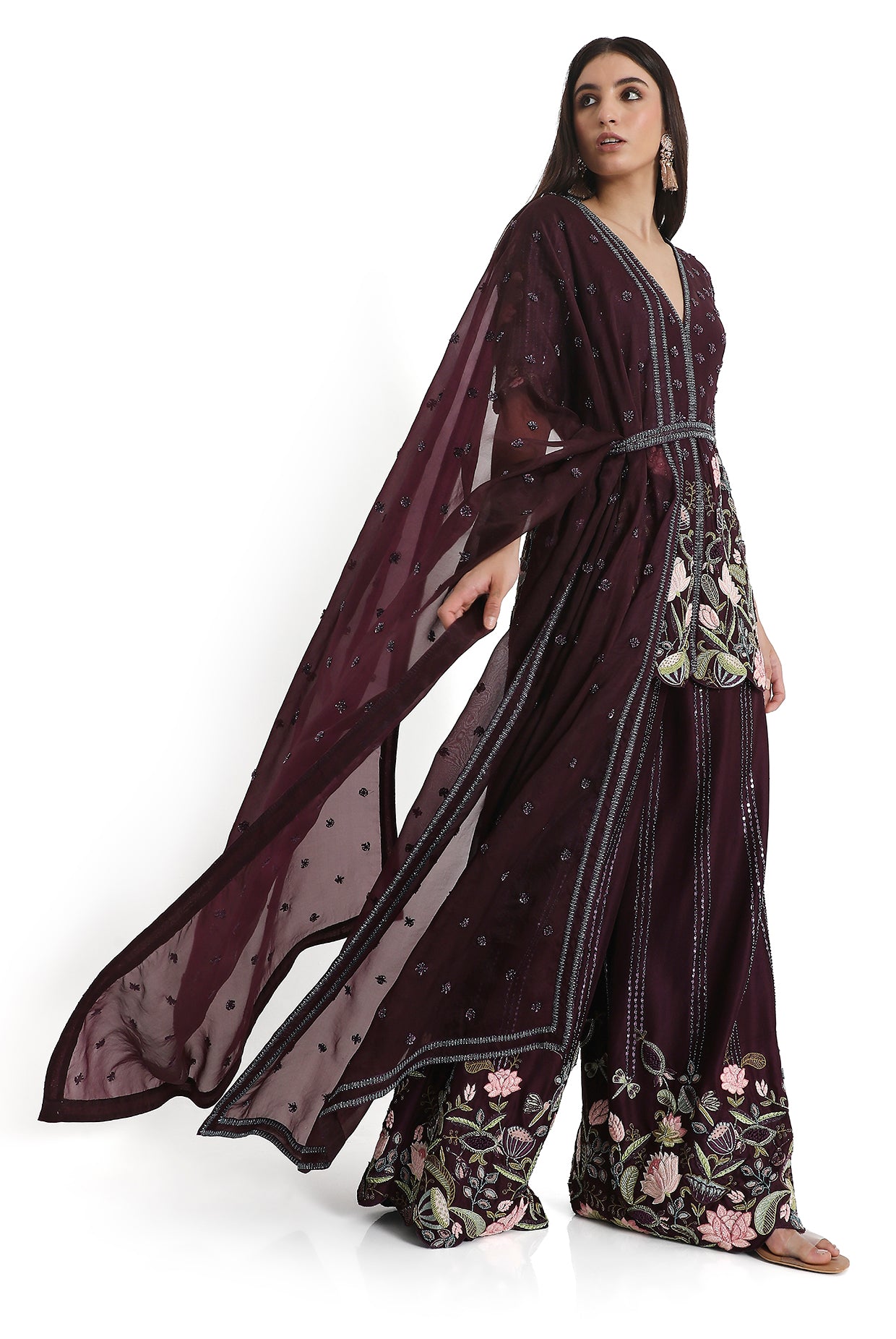 Purple Embroidered Kurta With Palazzo And Embroidered Belt With Embroidered Dupatta