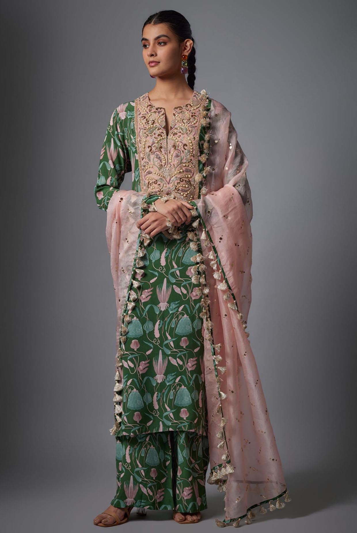 Green Island Escape Print Crepe Embroidered Yoke Kurta And Crepe Pallazo With Rose Pink Dupatta.