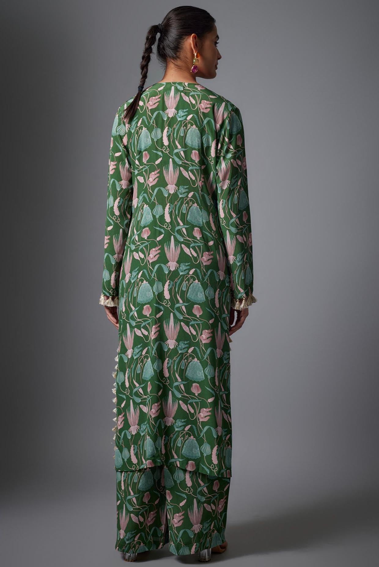 Green Island Escape Print Crepe Embroidered Yoke Kurta And Crepe Pallazo With Rose Pink Dupatta.