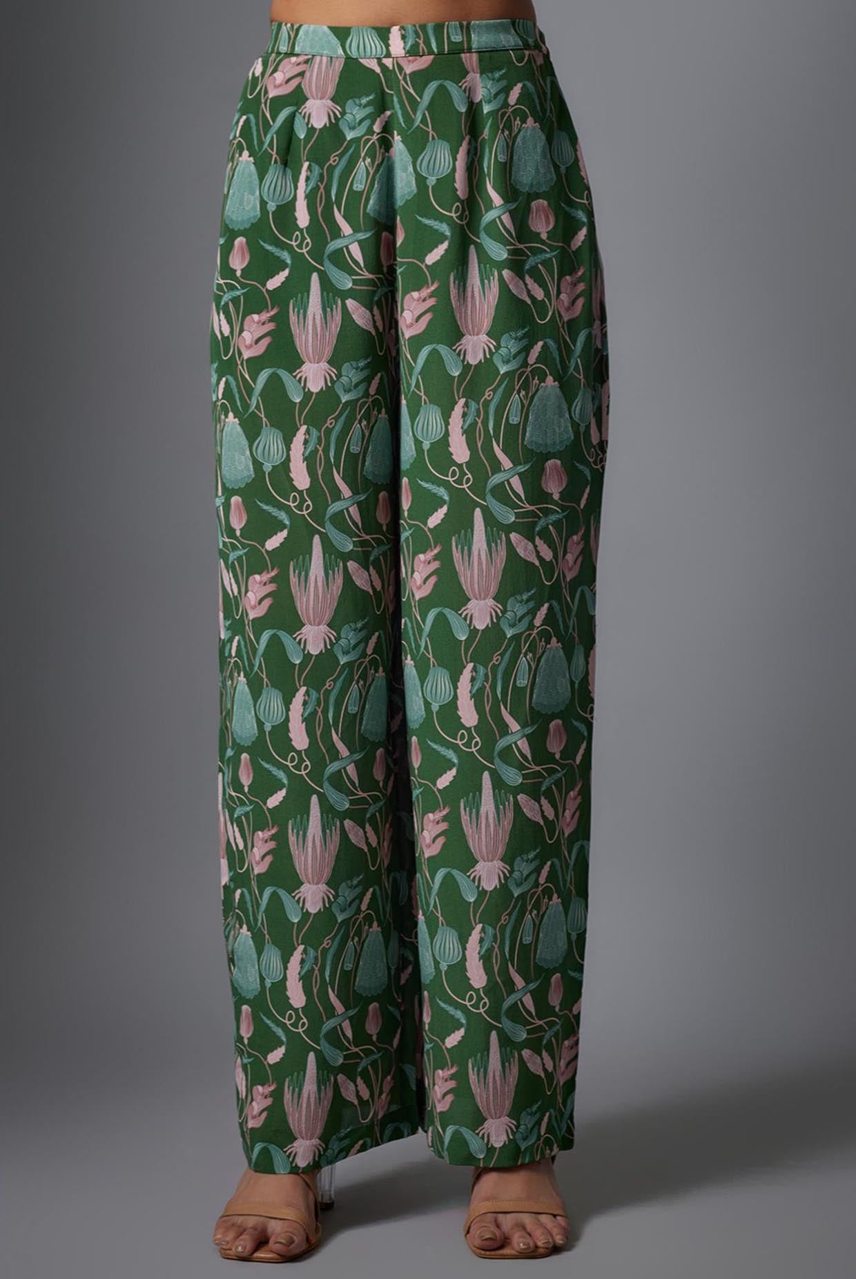 Green Island Escape Print Crepe Embroidered Yoke Kurta And Crepe Pallazo With Rose Pink Dupatta.