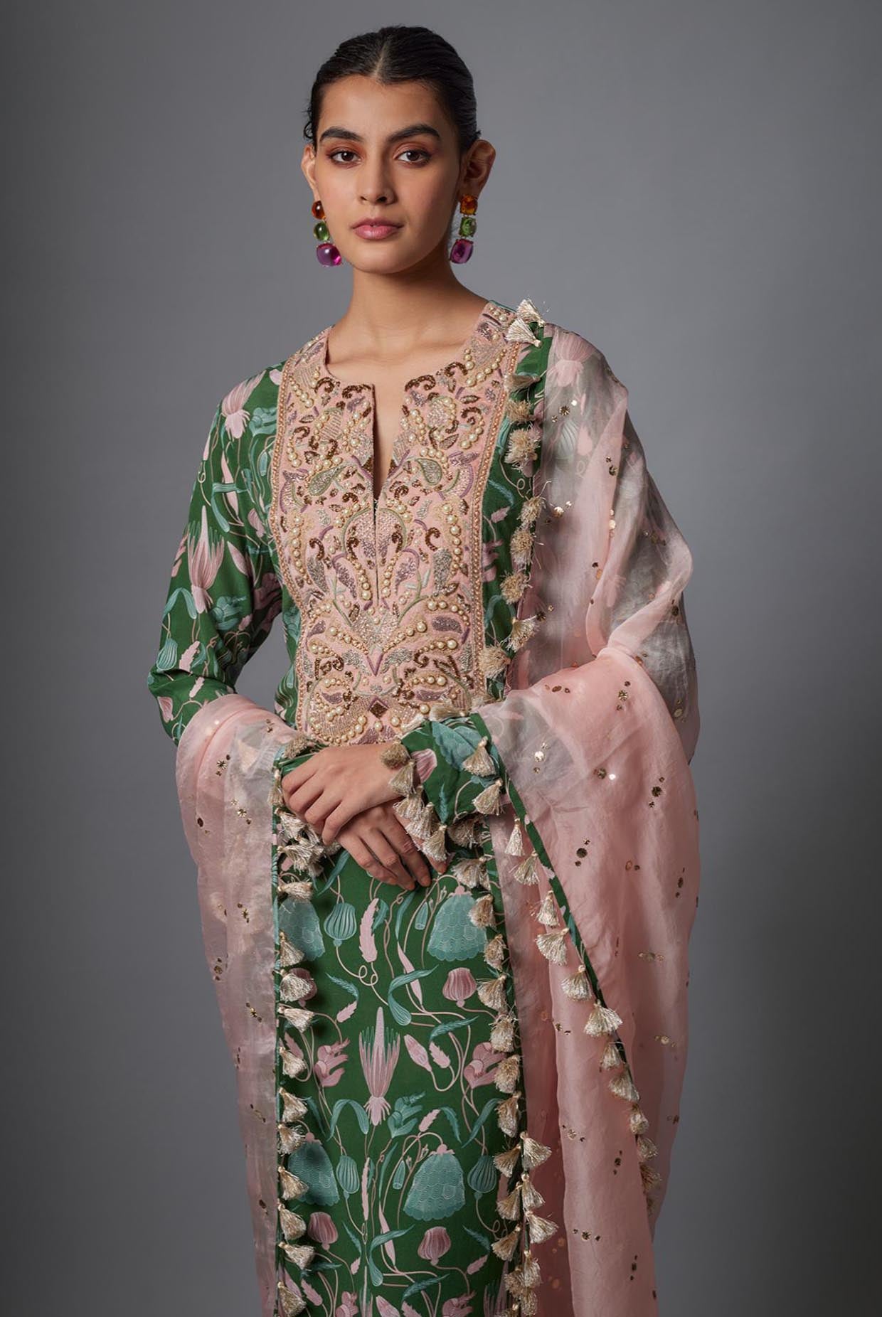 Green Island Escape Print Crepe Embroidered Yoke Kurta And Crepe Pallazo With Rose Pink Dupatta.