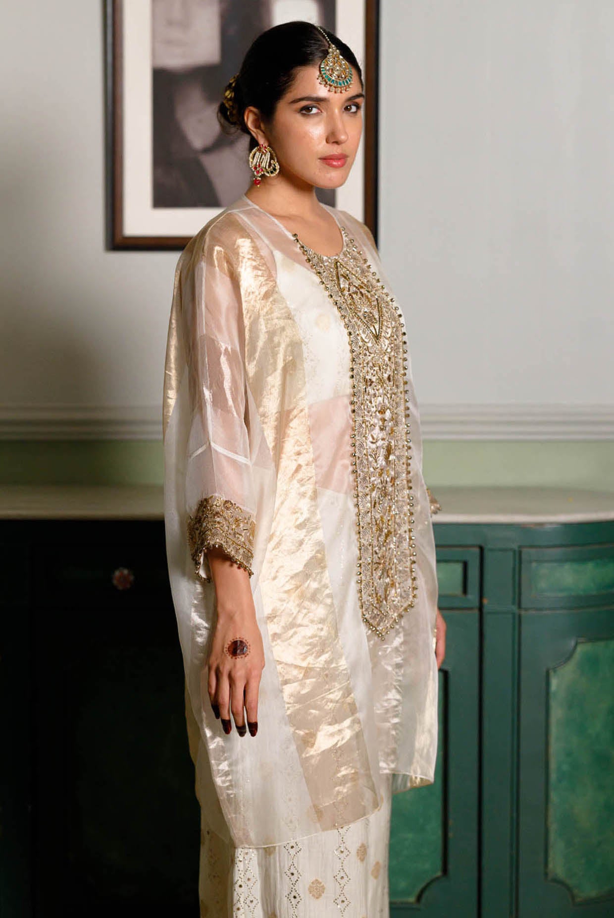 Parhez Gold Embroidered Tunic With Bustier And Palazzo