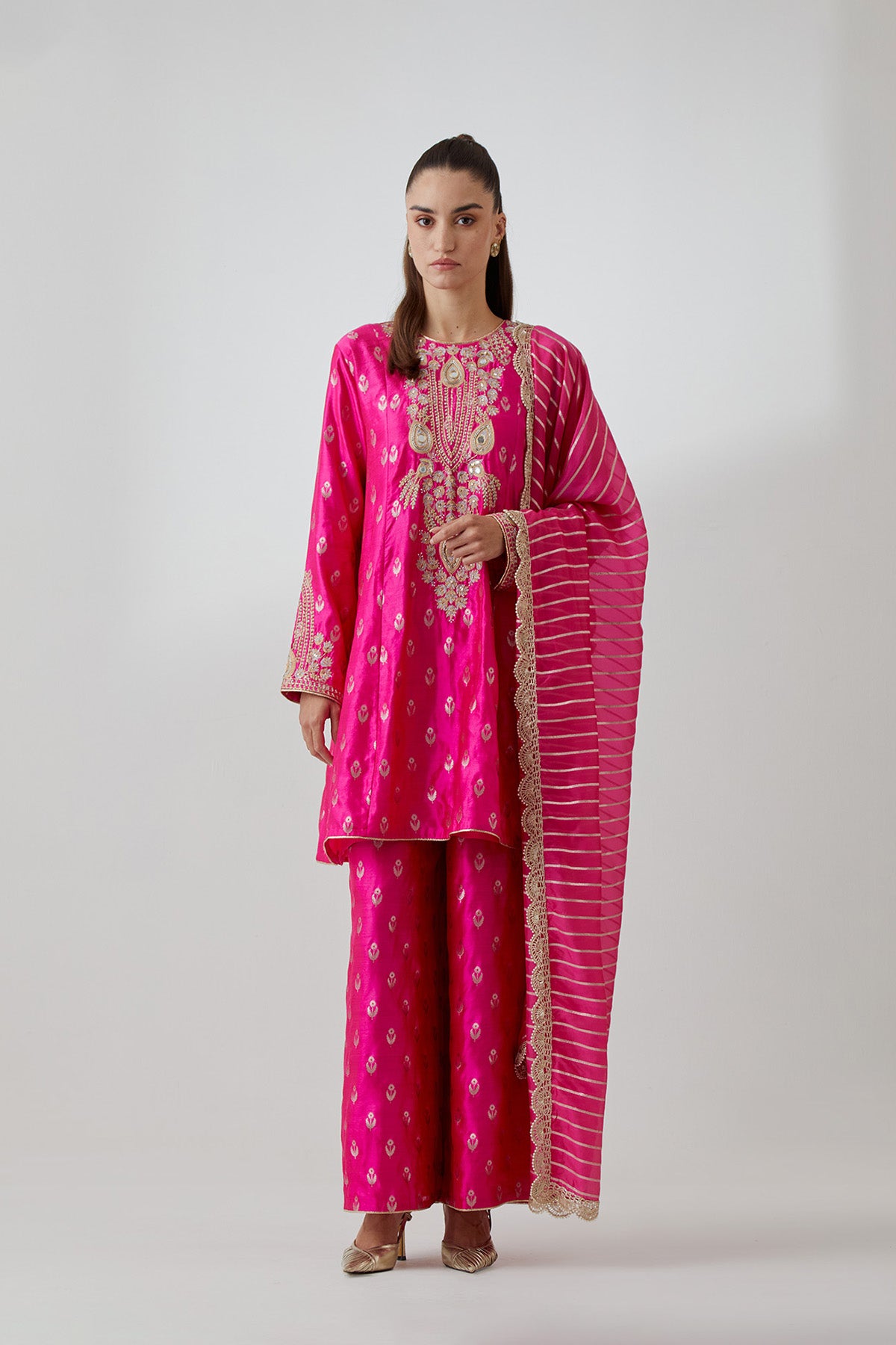 Hot Pink Brocade Silk Embroidered Yoke Kurta And Palazzo With Line Chiffon Dupatta