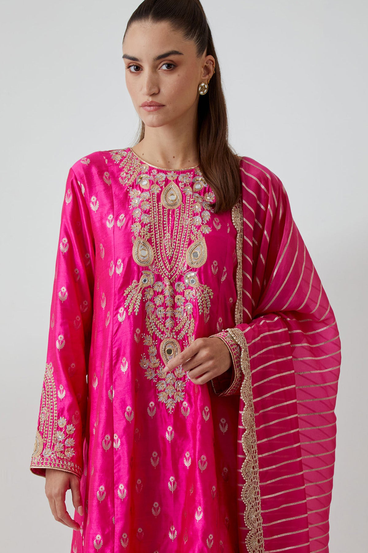 Hot Pink Brocade Silk Embroidered Yoke Kurta And Palazzo With Line Chiffon Dupatta