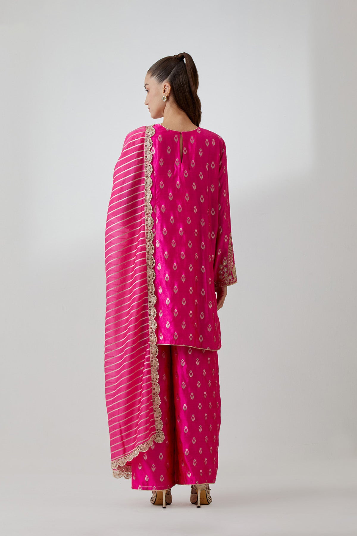 Hot Pink Brocade Silk Embroidered Yoke Kurta And Palazzo With Line Chiffon Dupatta
