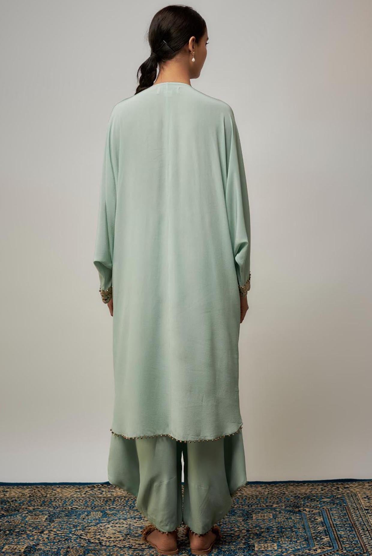 Seafoam Embroidered Yoke Kaftan With Pant