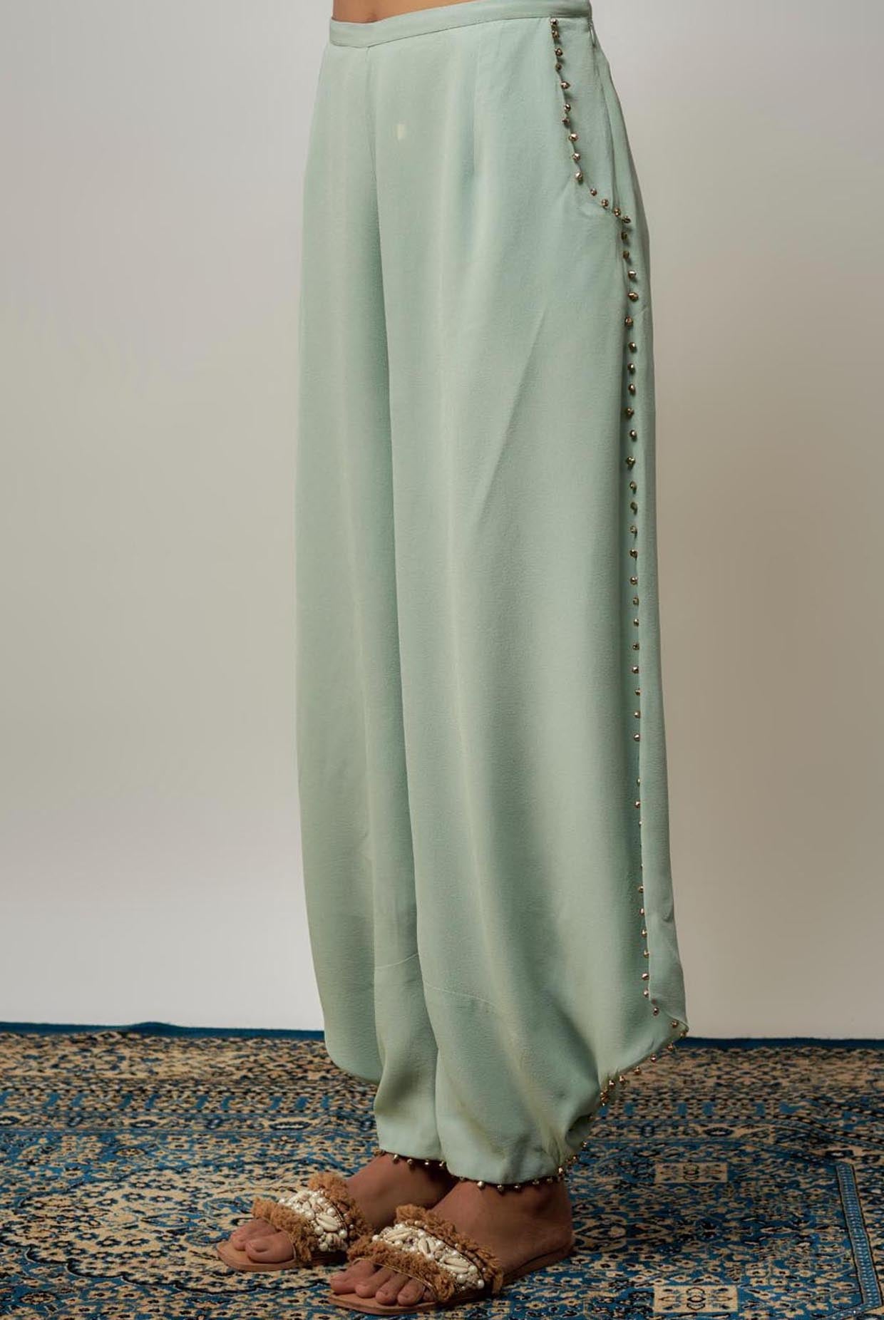 Seafoam Embroidered Yoke Kaftan With Pant