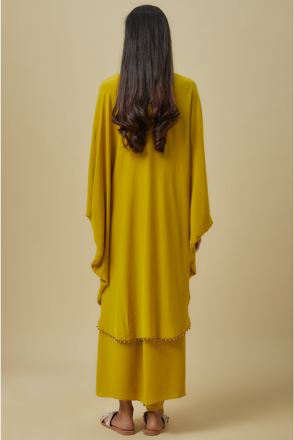 Olive Green Crepe Embroidered Yoke Kaftan With Georgette Pants.
