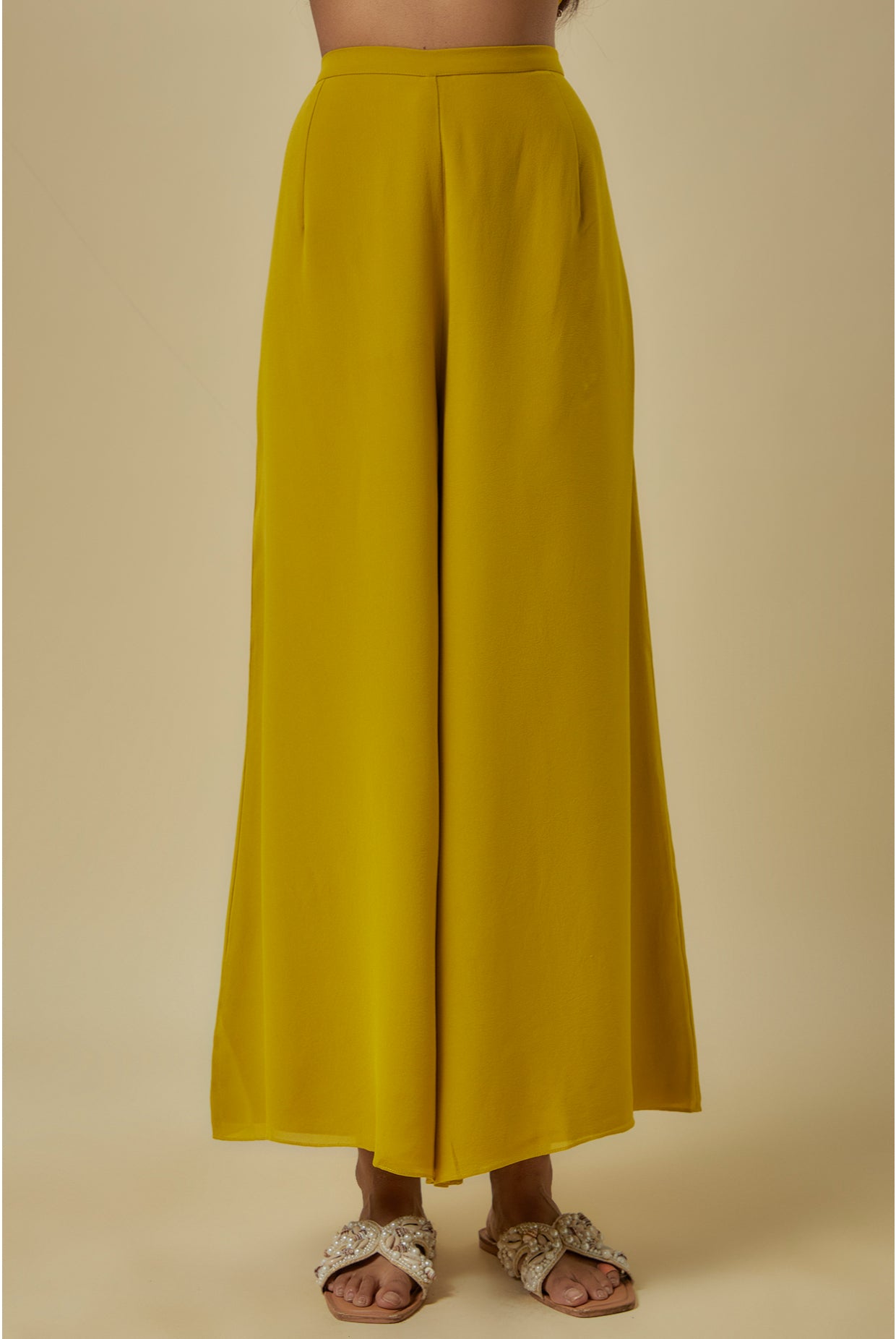 Olive Green Crepe Embroidered Yoke Kaftan With Georgette Pants.