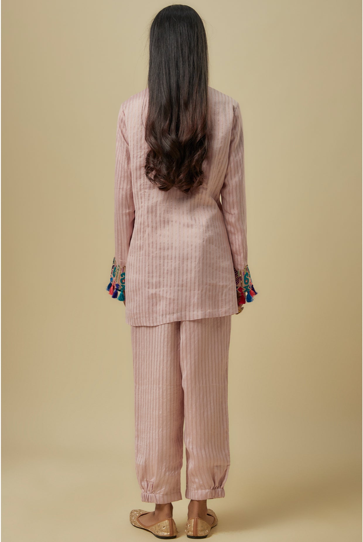 Onion Pink Stripes Chanderi Embroidered Yoke Short Kurta And Jogger Pants With Mukaish Net Dupatta.