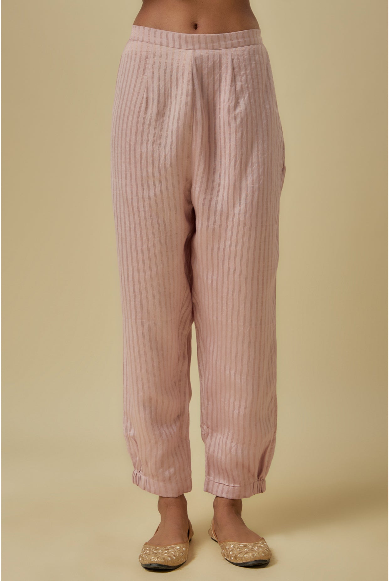 Onion Pink Stripes Chanderi Embroidered Yoke Short Kurta And Jogger Pants With Mukaish Net Dupatta.