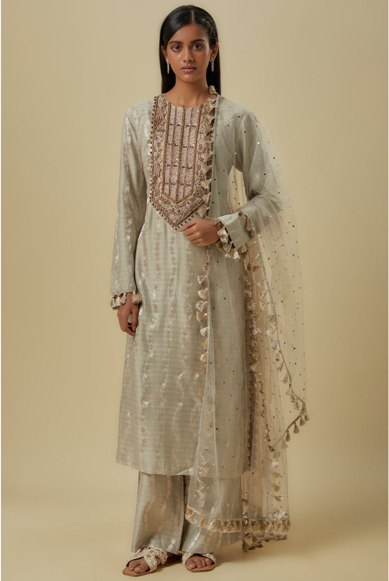 Grey Leaf Brocade Silk Embroidered Yoke Kurta With Palazzo And Mukaish Net Dupattta.