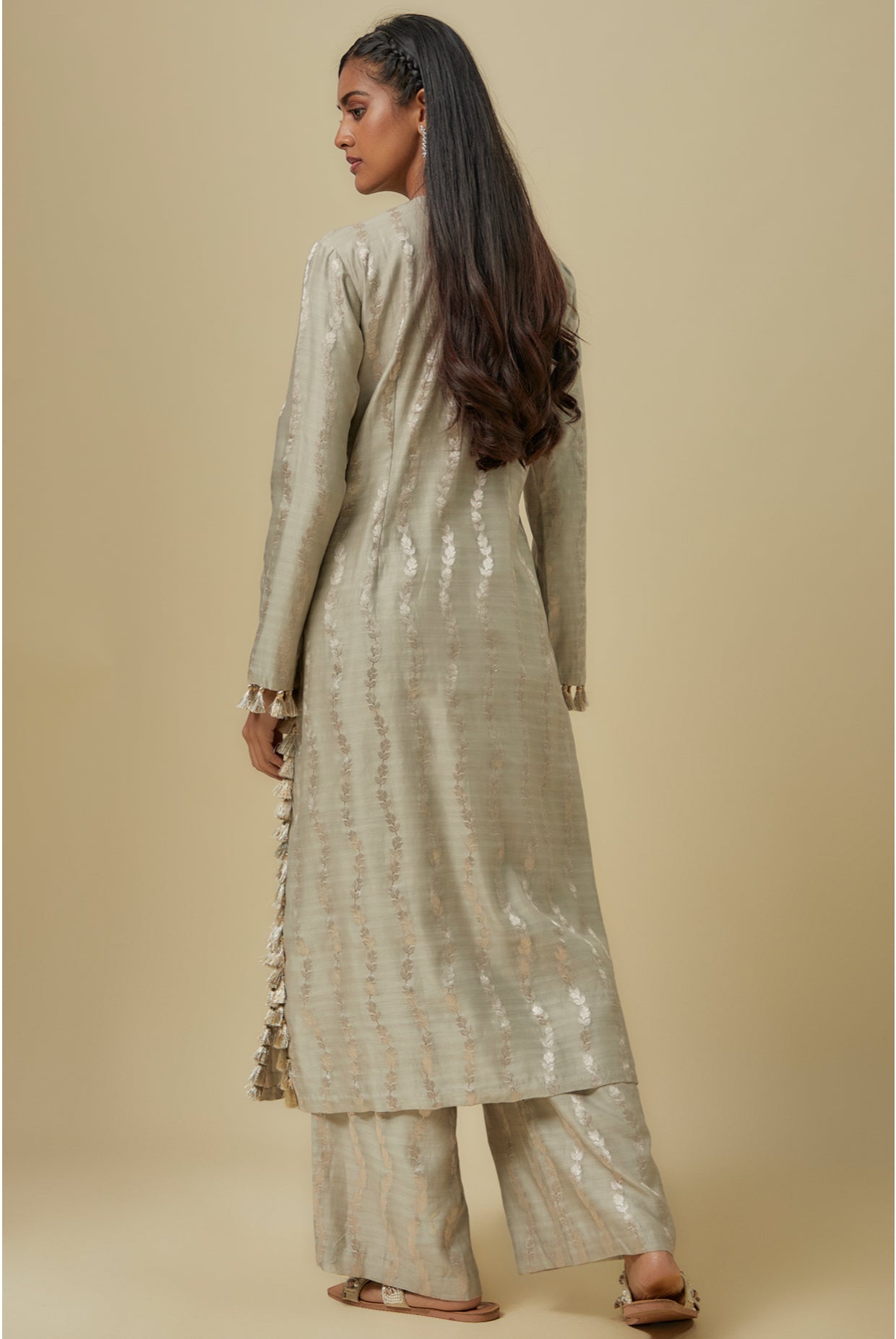 Grey Leaf Brocade Silk Embroidered Yoke Kurta With Palazzo And Mukaish Net Dupattta.
