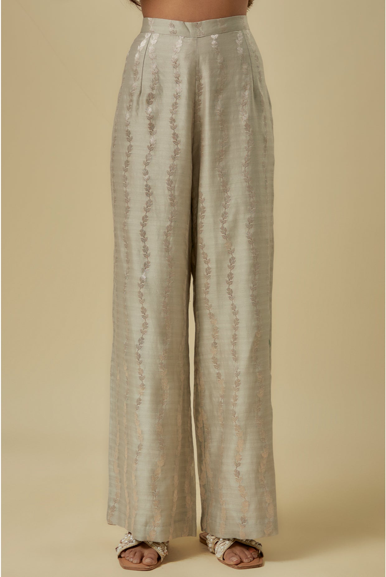 Grey Leaf Brocade Silk Embroidered Yoke Kurta With Palazzo And Mukaish Net Dupattta.