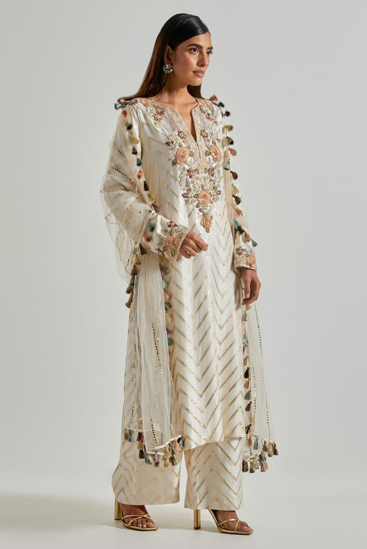 Off-White Zig-Zag Dola Silk Kurta with Palazzo & Net Dupatta