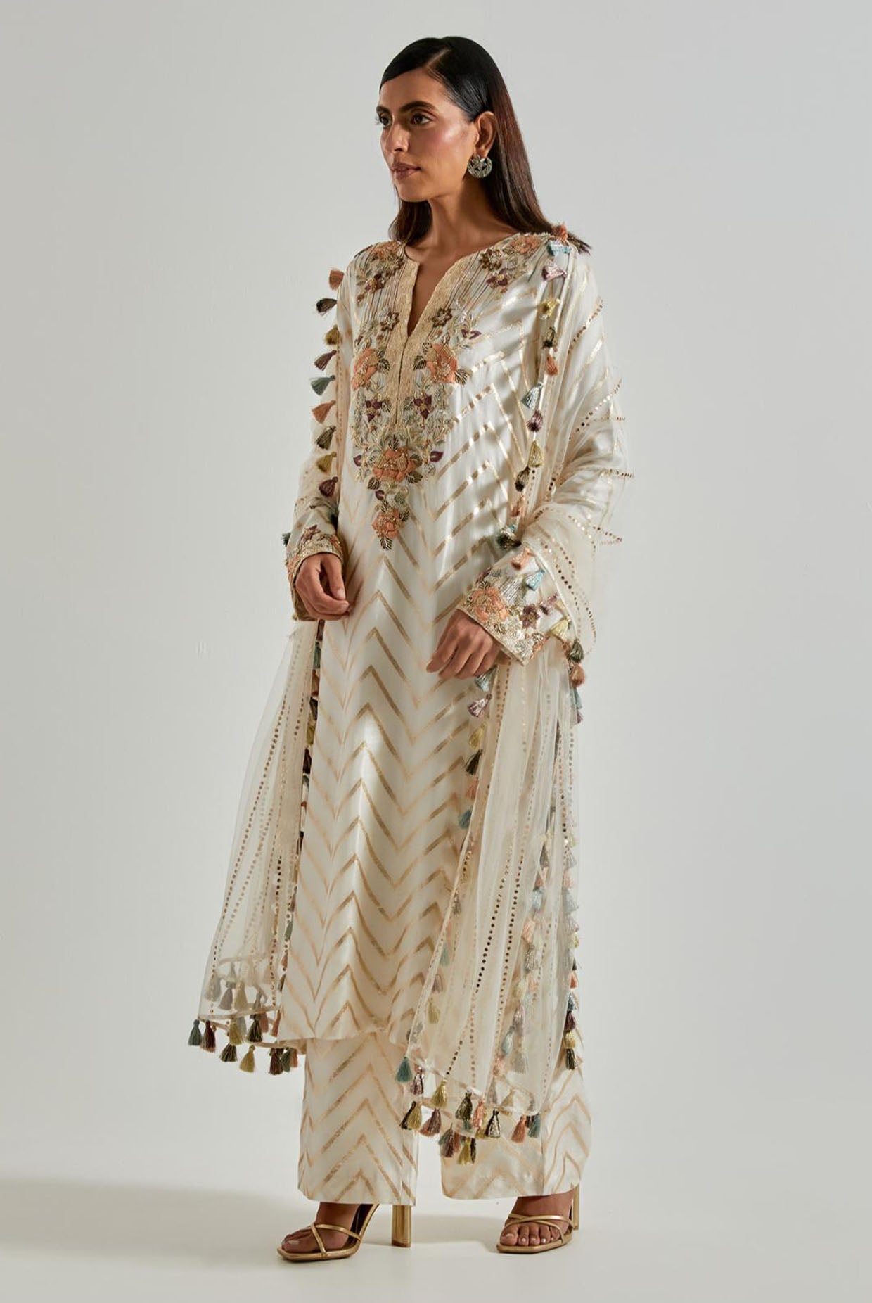 Off-White Zig-Zag Dola Silk Kurta with Palazzo & Net Dupatta