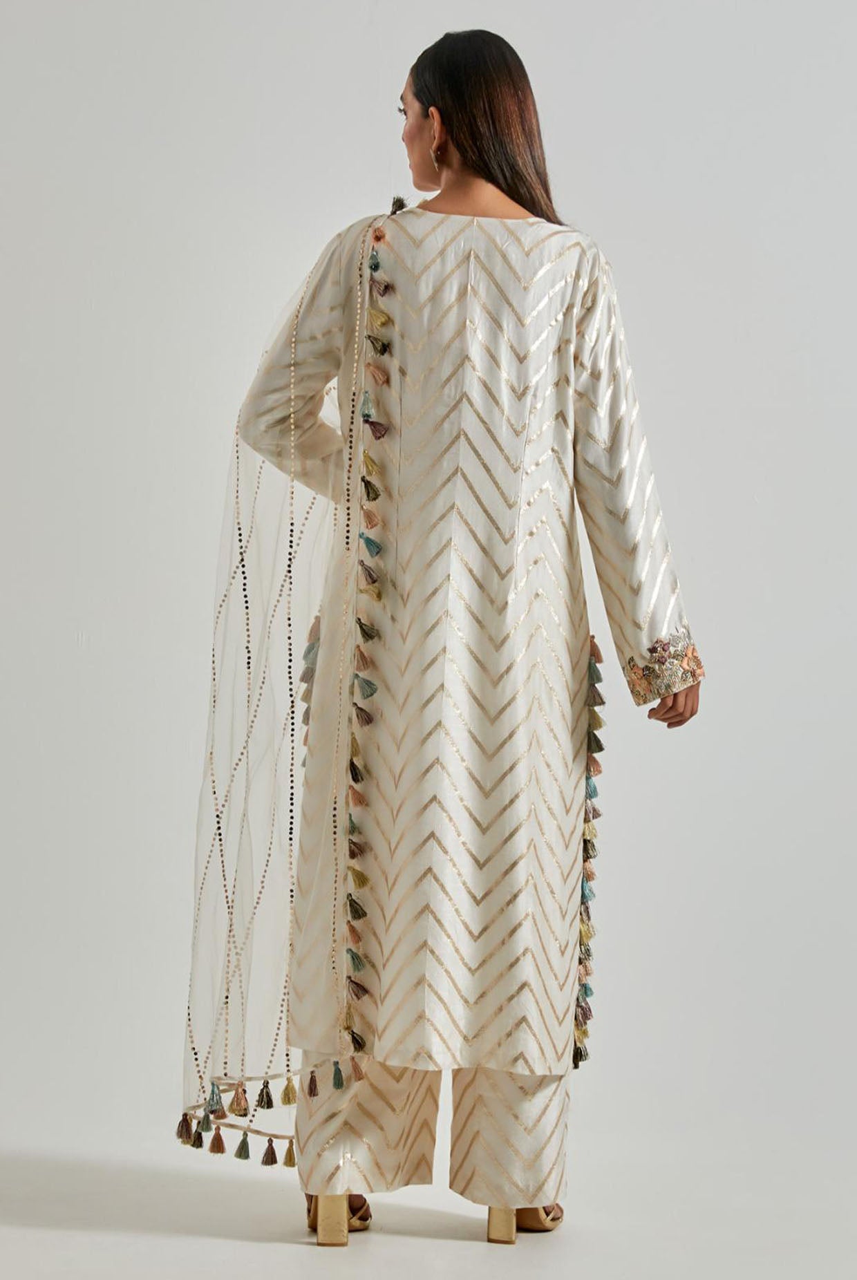 Off-White Zig-Zag Dola Silk Kurta with Palazzo & Net Dupatta
