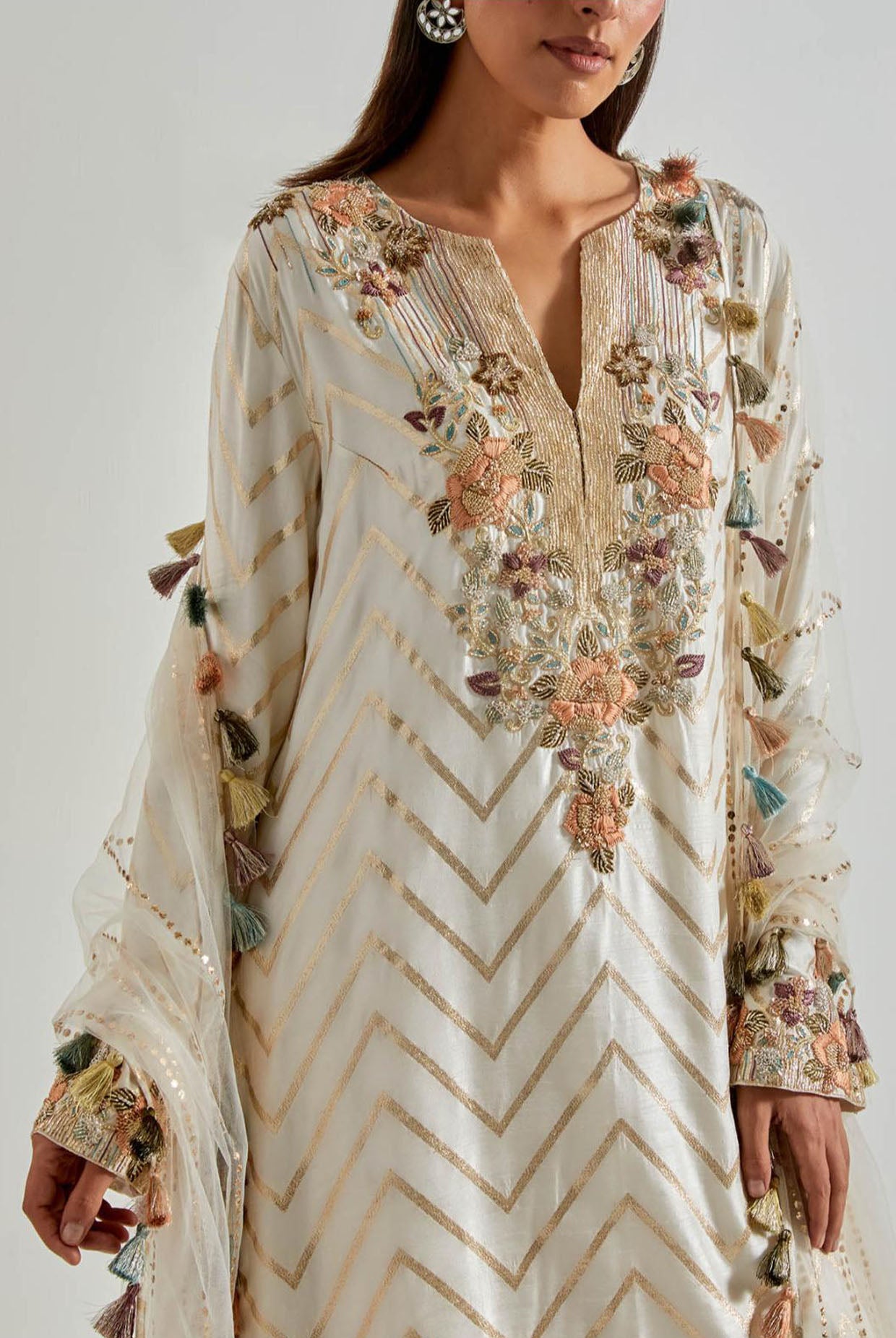 Off-White Zig-Zag Dola Silk Kurta with Palazzo & Net Dupatta