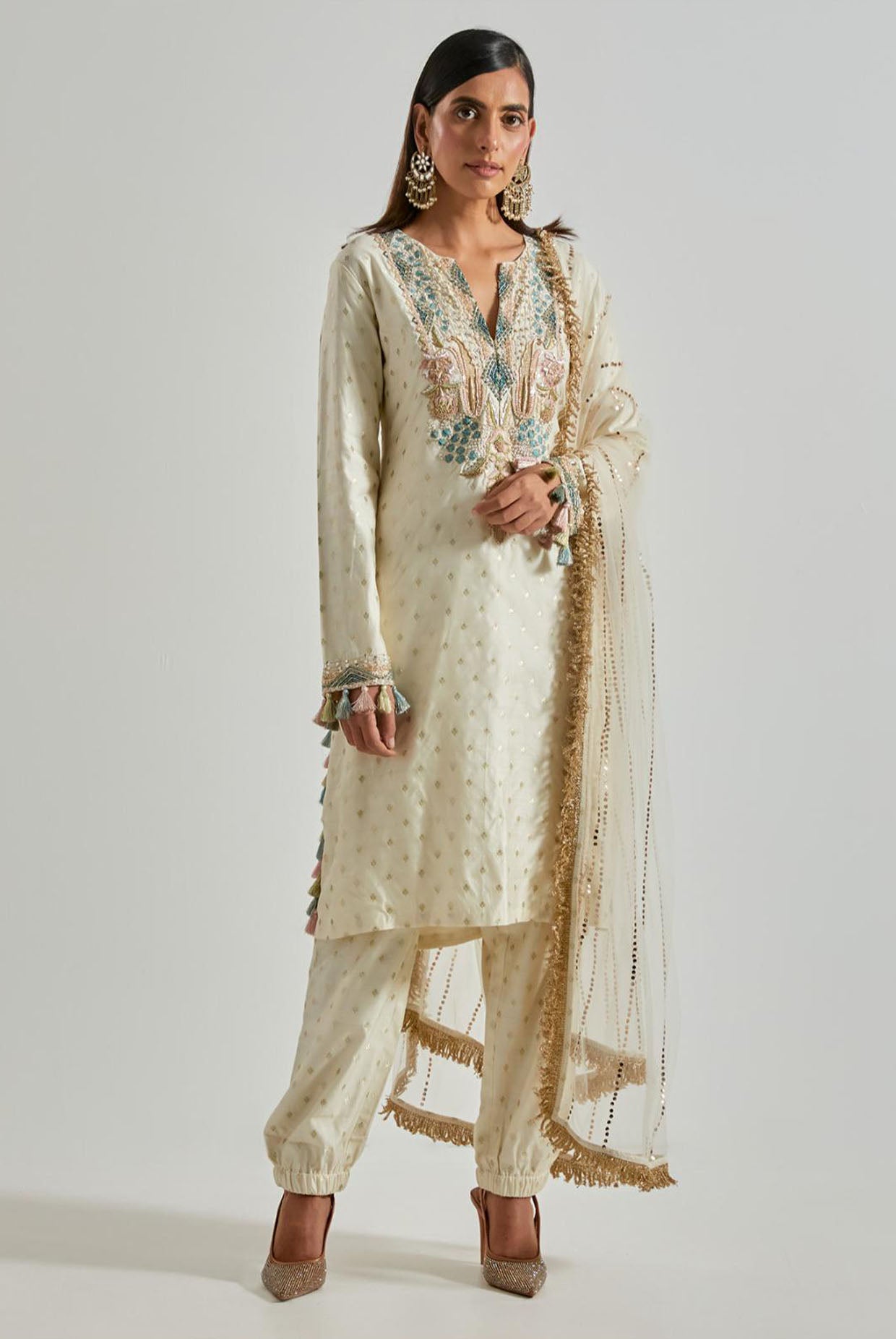 Off-White Chiniya Silk Kurta with Jogger Pants & Net Dupatta