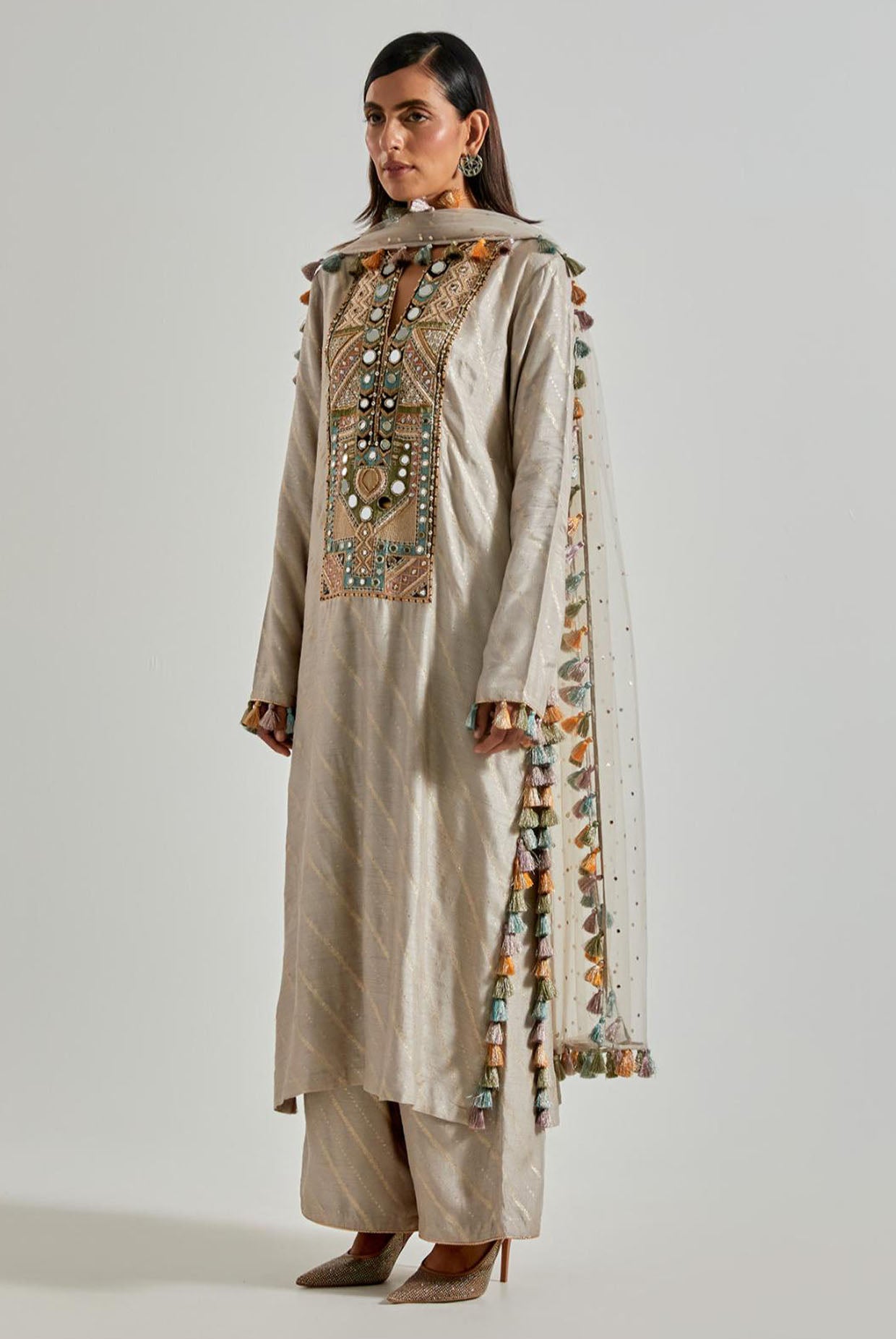 Grey Dola Silk Kurta with Pants & Net Dupatta