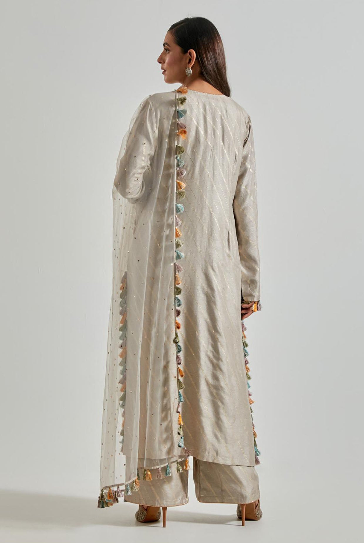 Grey Dola Silk Kurta with Pants & Net Dupatta