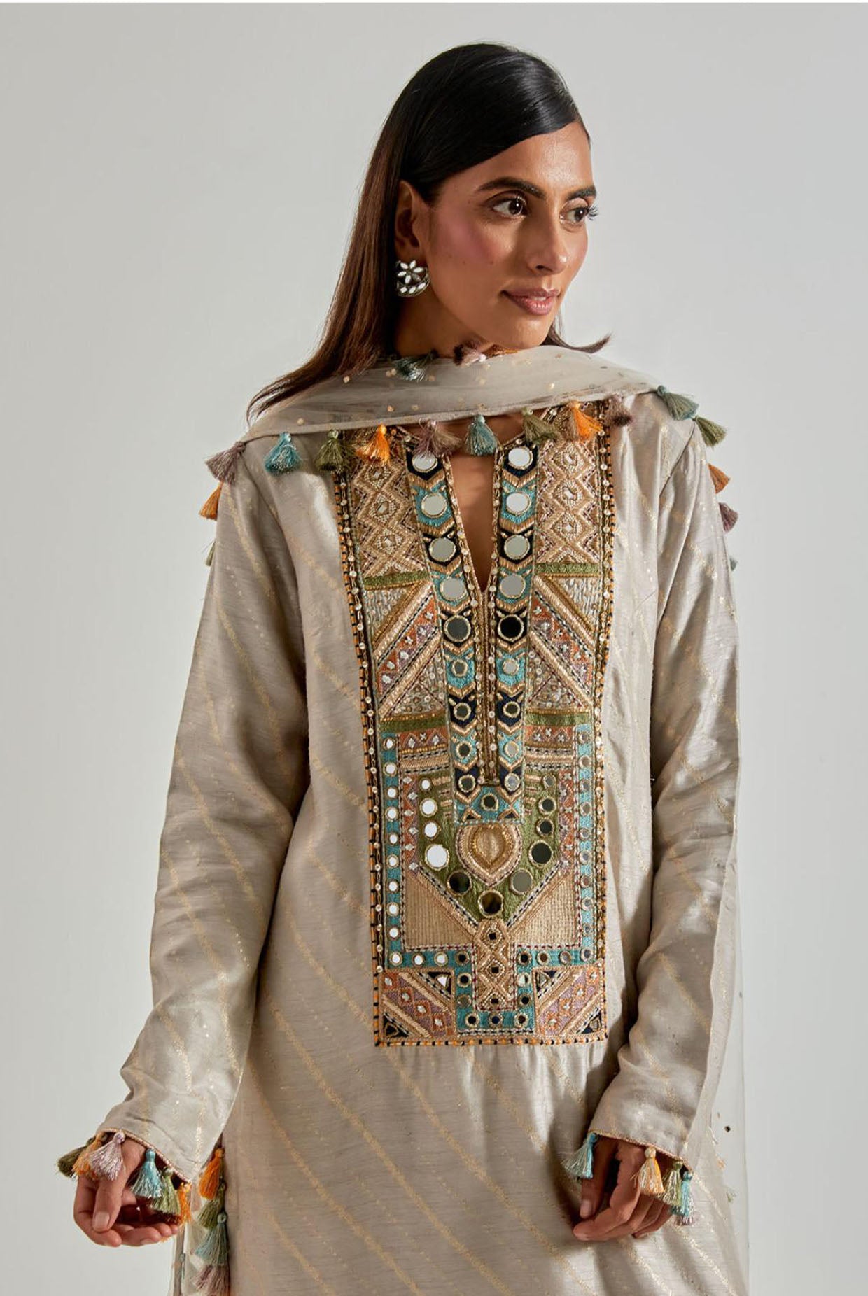 Grey Dola Silk Kurta with Pants & Net Dupatta