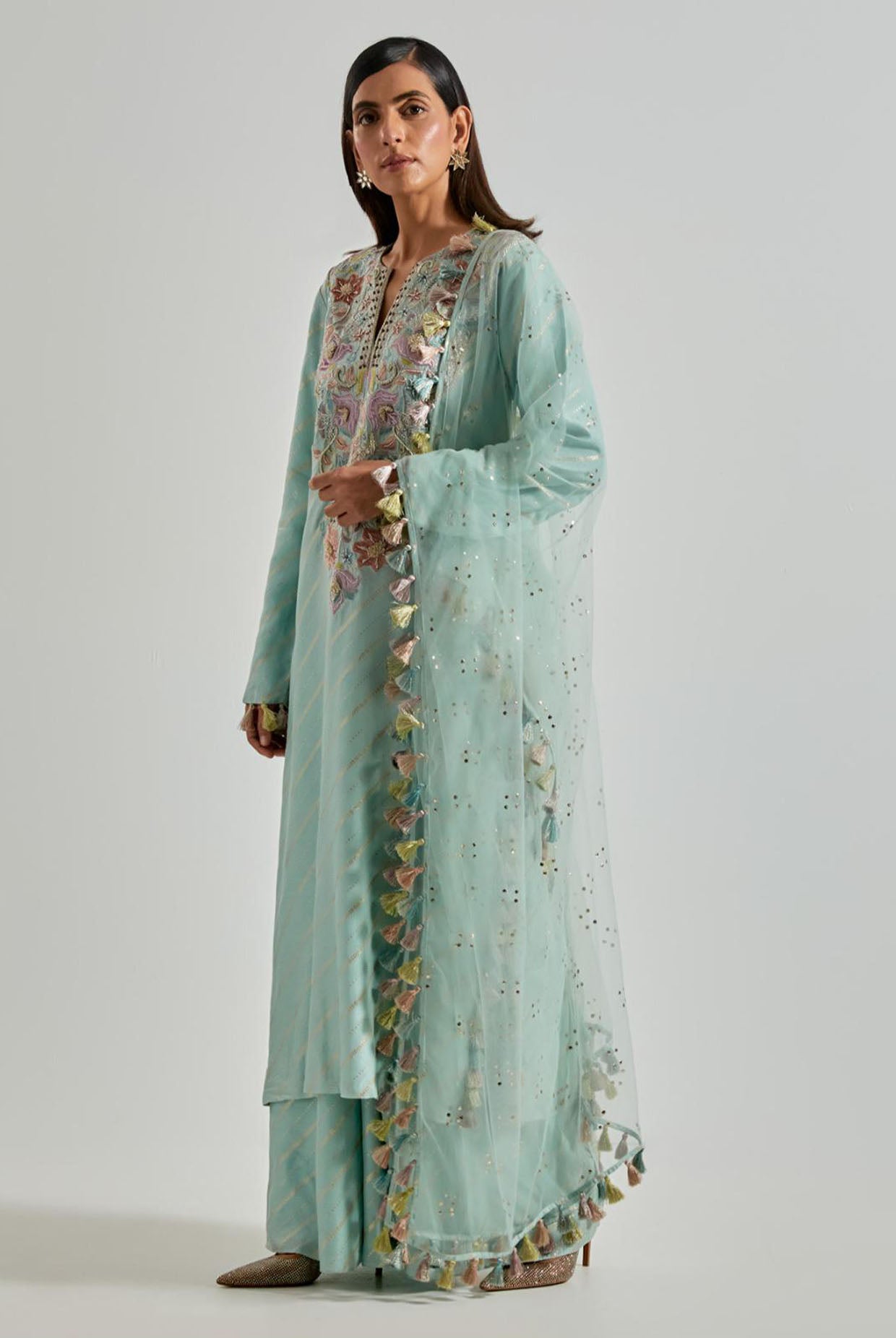 Seafoam Line Dola Silk Straight Kurta with Palazzo & Net Dupatta