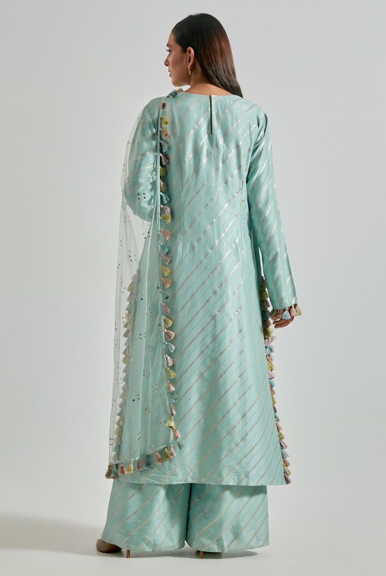 Seafoam Line Dola Silk Straight Kurta with Palazzo & Net Dupatta