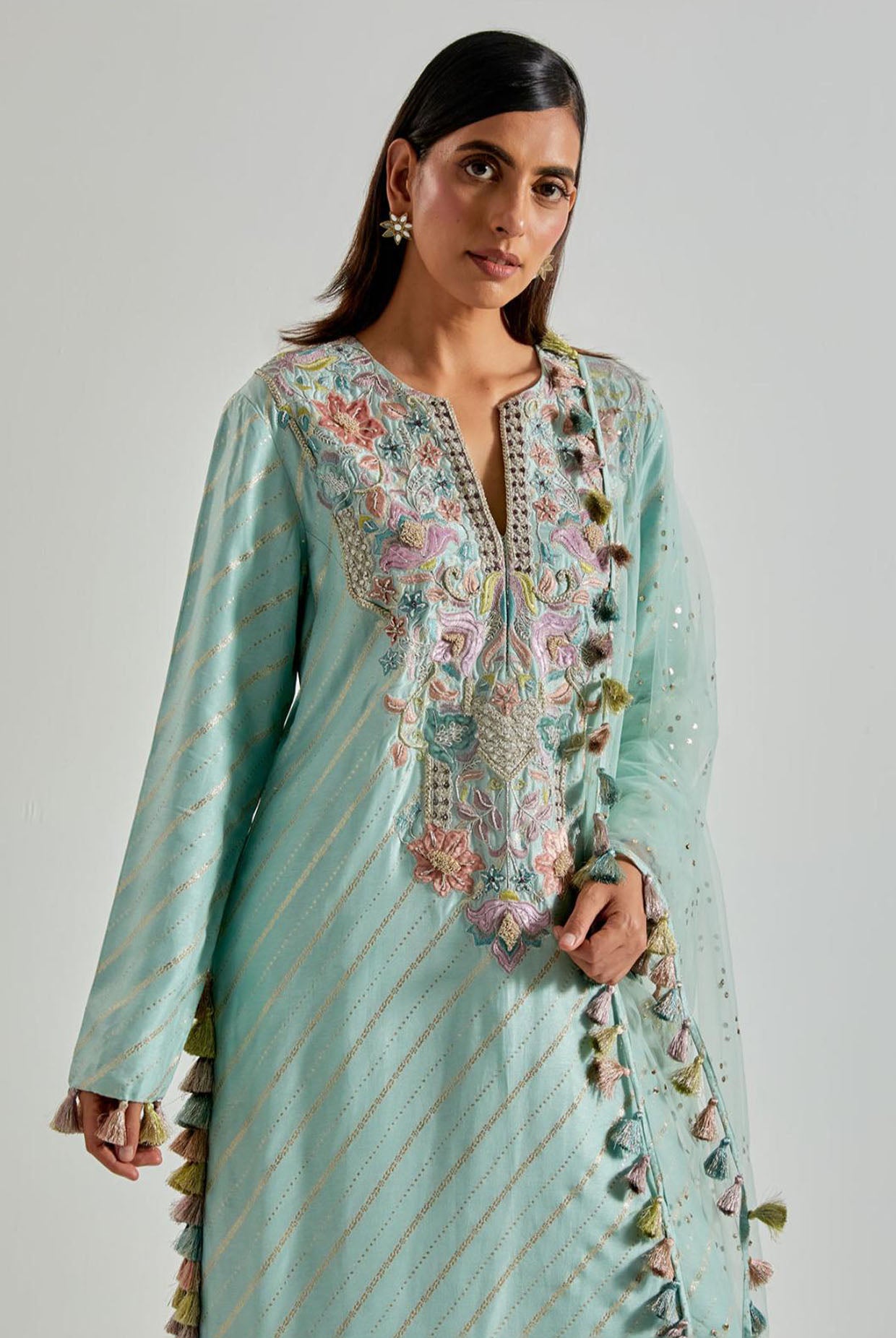 Seafoam Line Dola Silk Straight Kurta with Palazzo & Net Dupatta