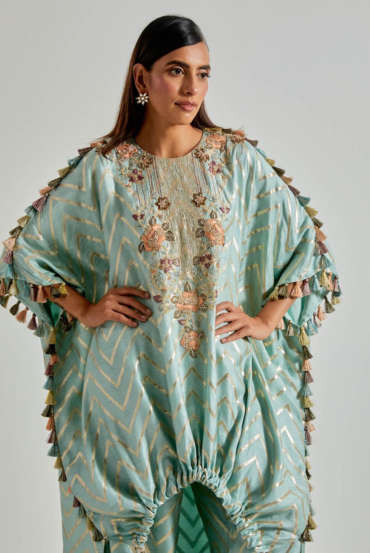 Powder Blue Zig-Zag Dola Silk Kurta with Jogger Pants