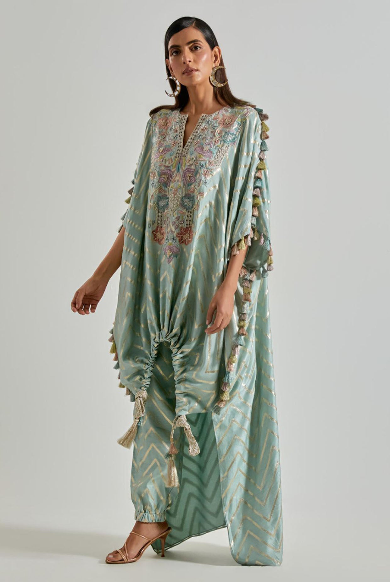 Seafoam Zig-Zag Dola Silk Kurta with Jogger Pants