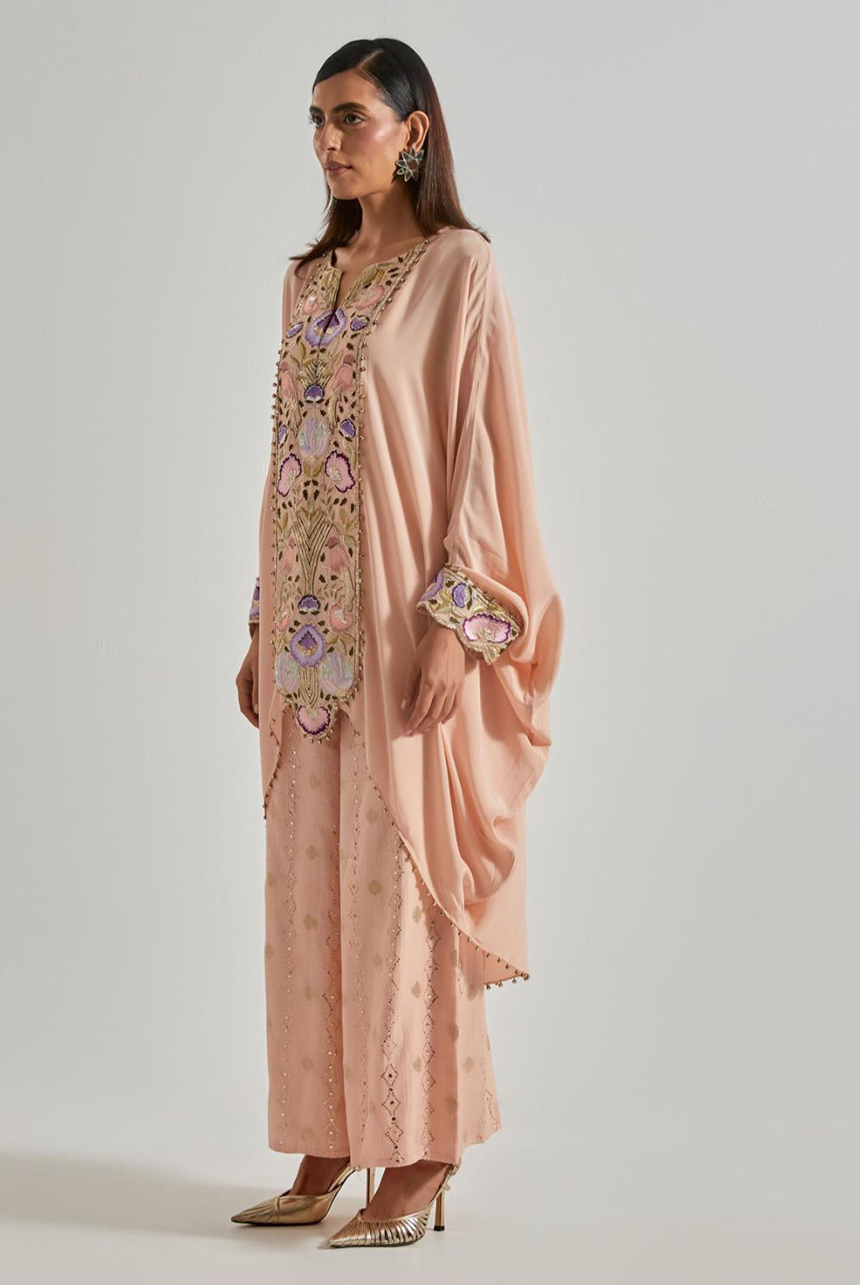 Peachy Pink Crepe Kaftan with Diamond Mul Palazzo