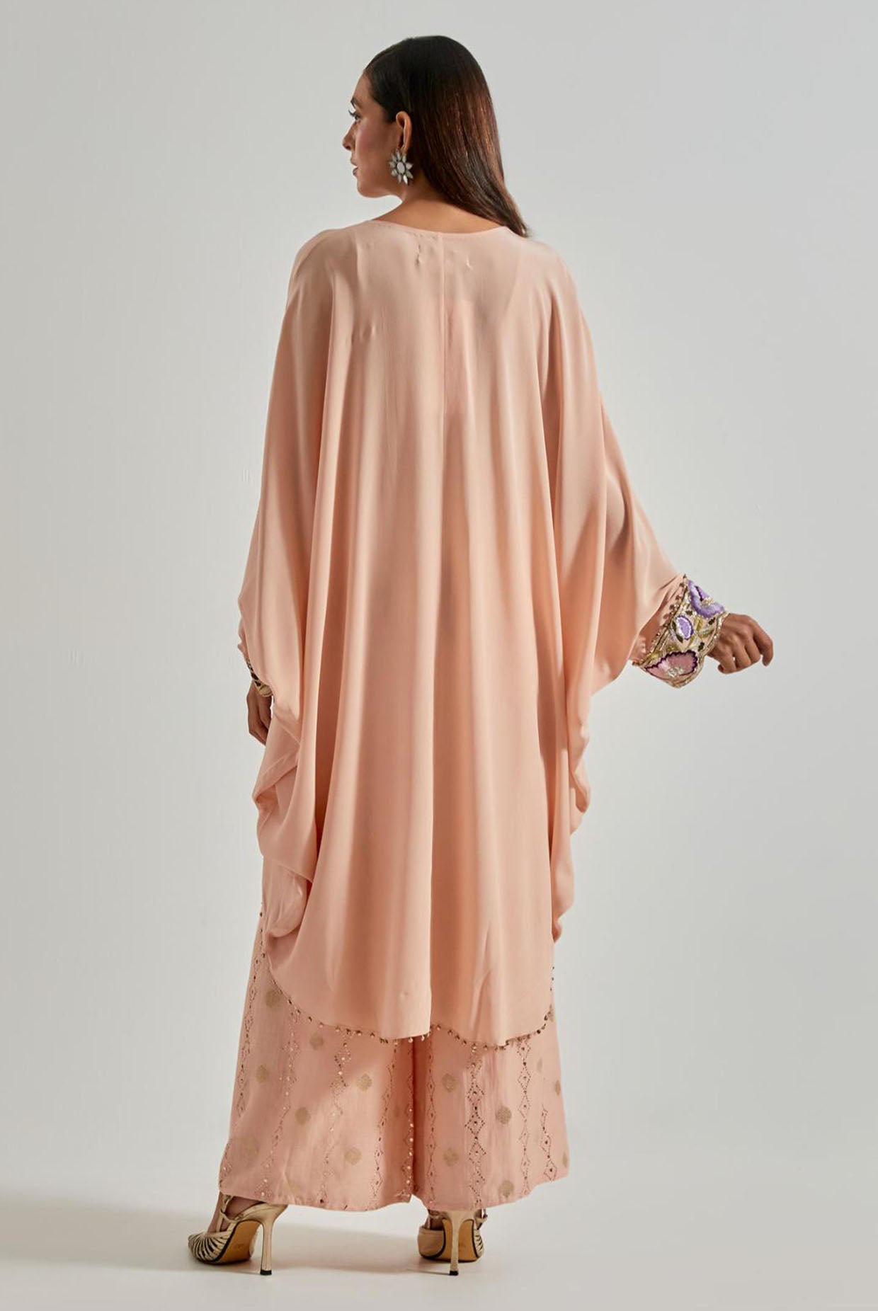 Peachy Pink Crepe Kaftan with Diamond Mul Palazzo