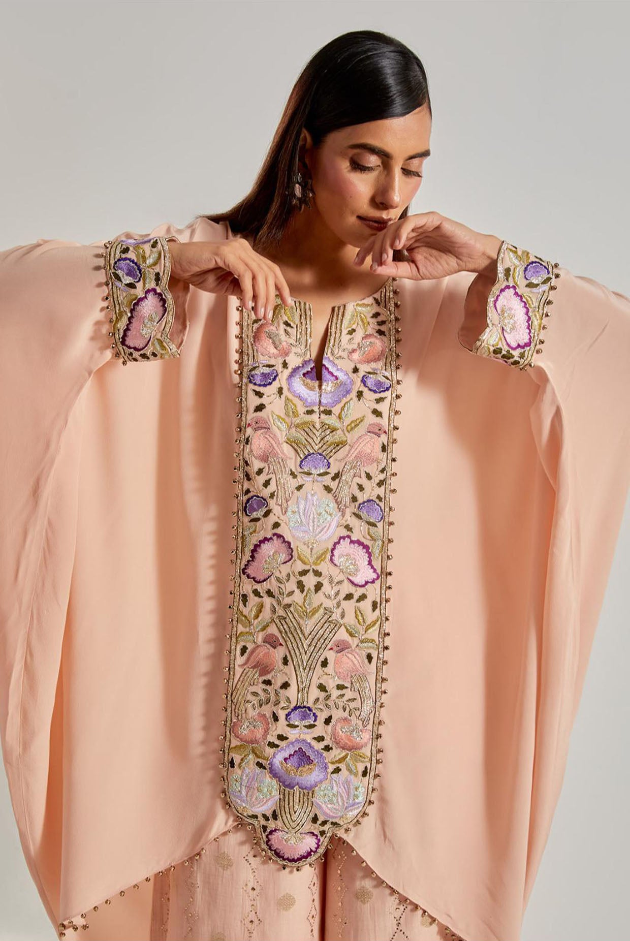 Peachy Pink Crepe Kaftan with Diamond Mul Palazzo