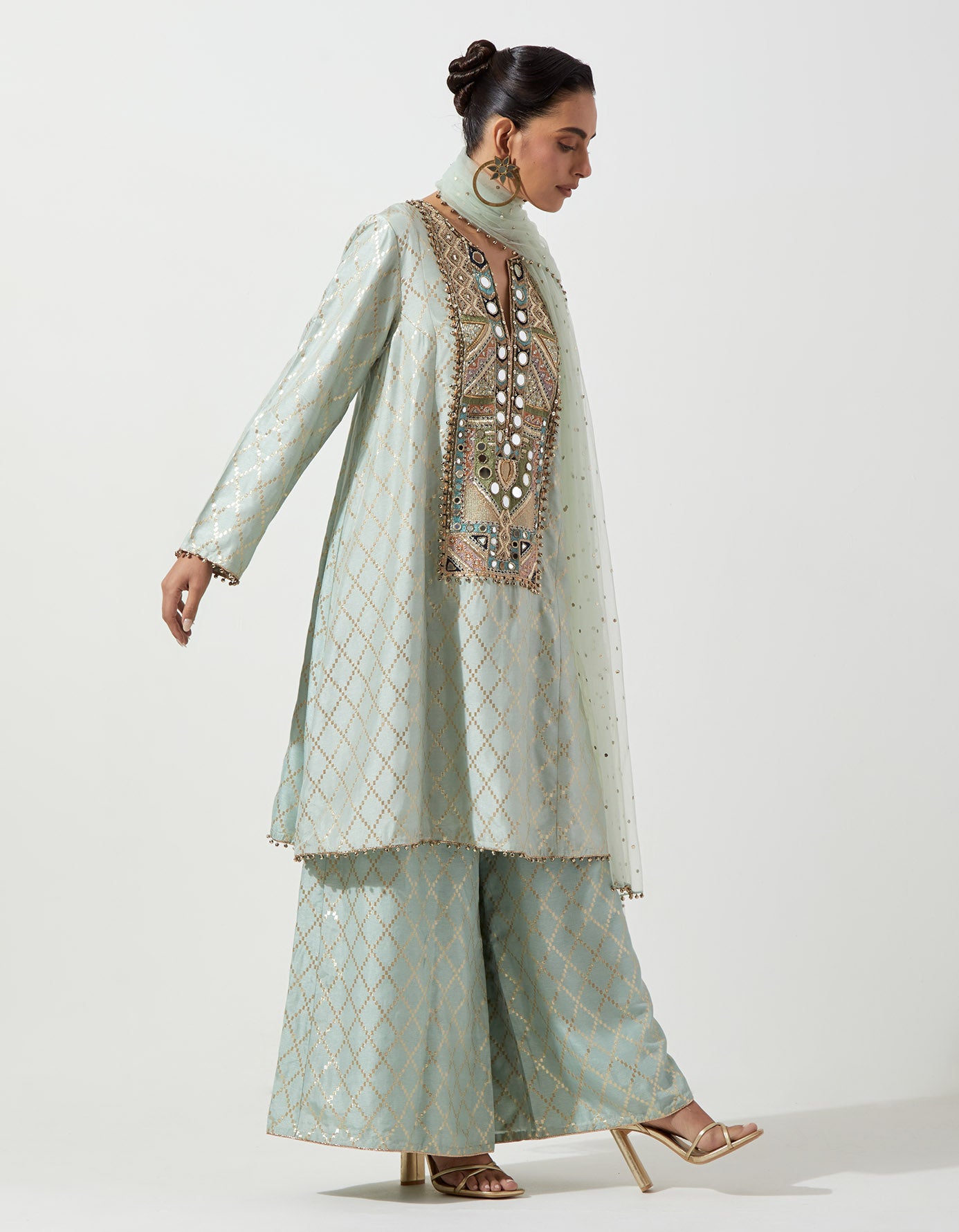 Powder Blue Short Kali Kurta With Palazzo And Mukaish Net Dupatta
