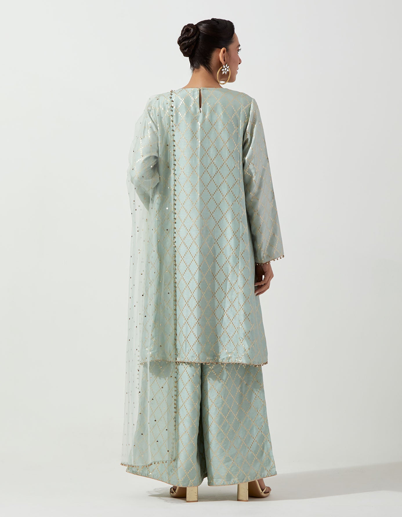 Powder Blue Short Kali Kurta With Palazzo And Mukaish Net Dupatta