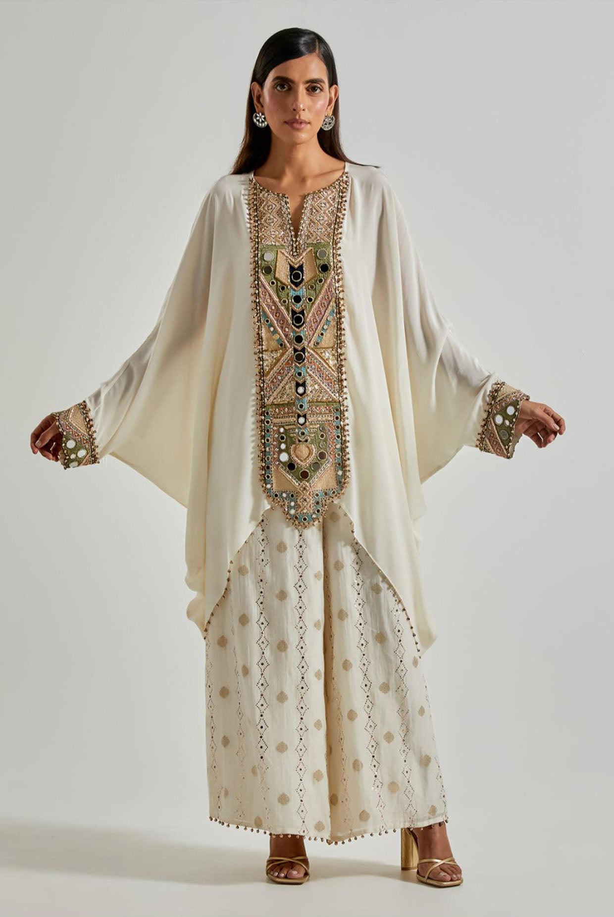 Off-White Crepe Kaftan with Banarasi Palazzo
