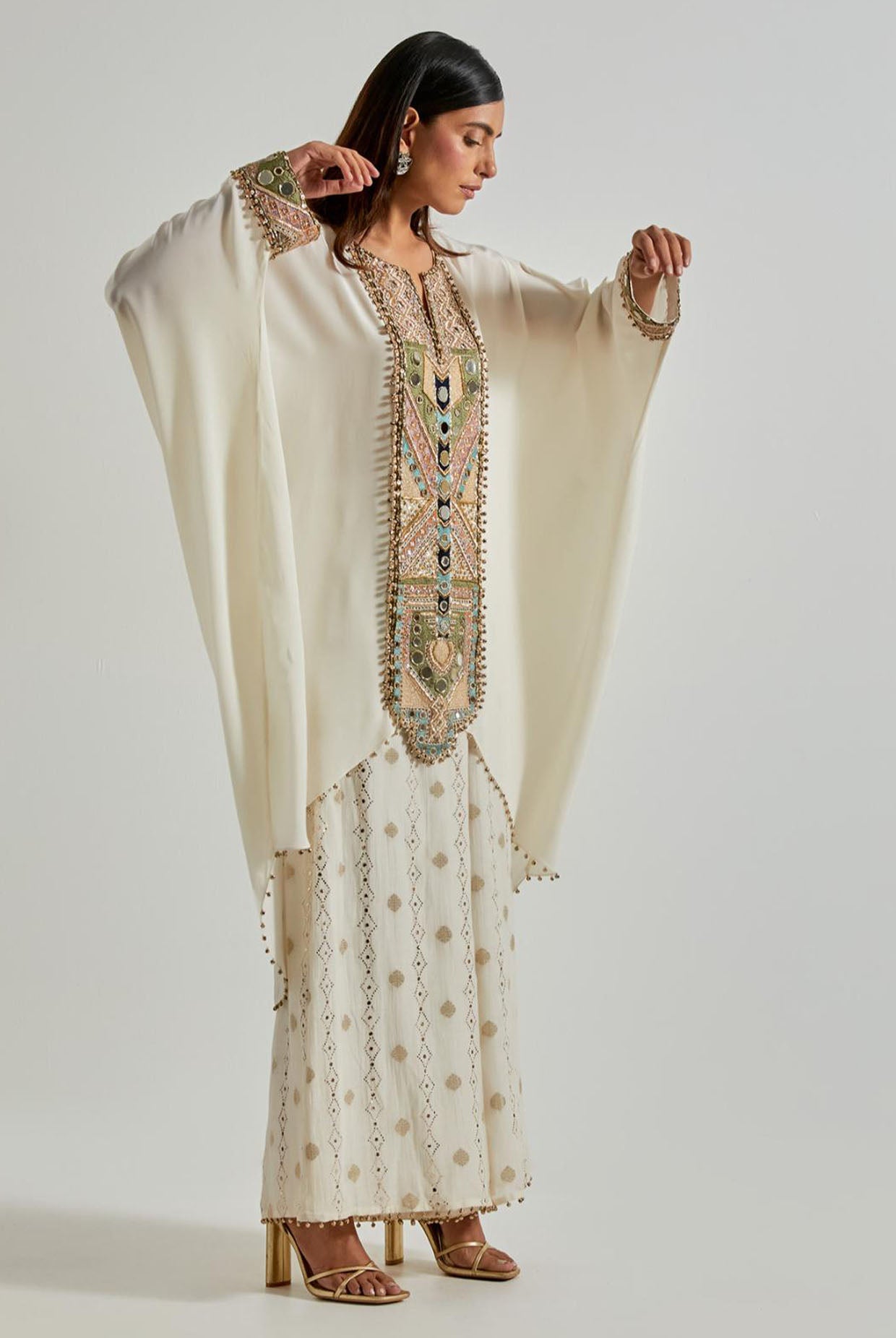 Off-White Crepe Kaftan with Banarasi Palazzo