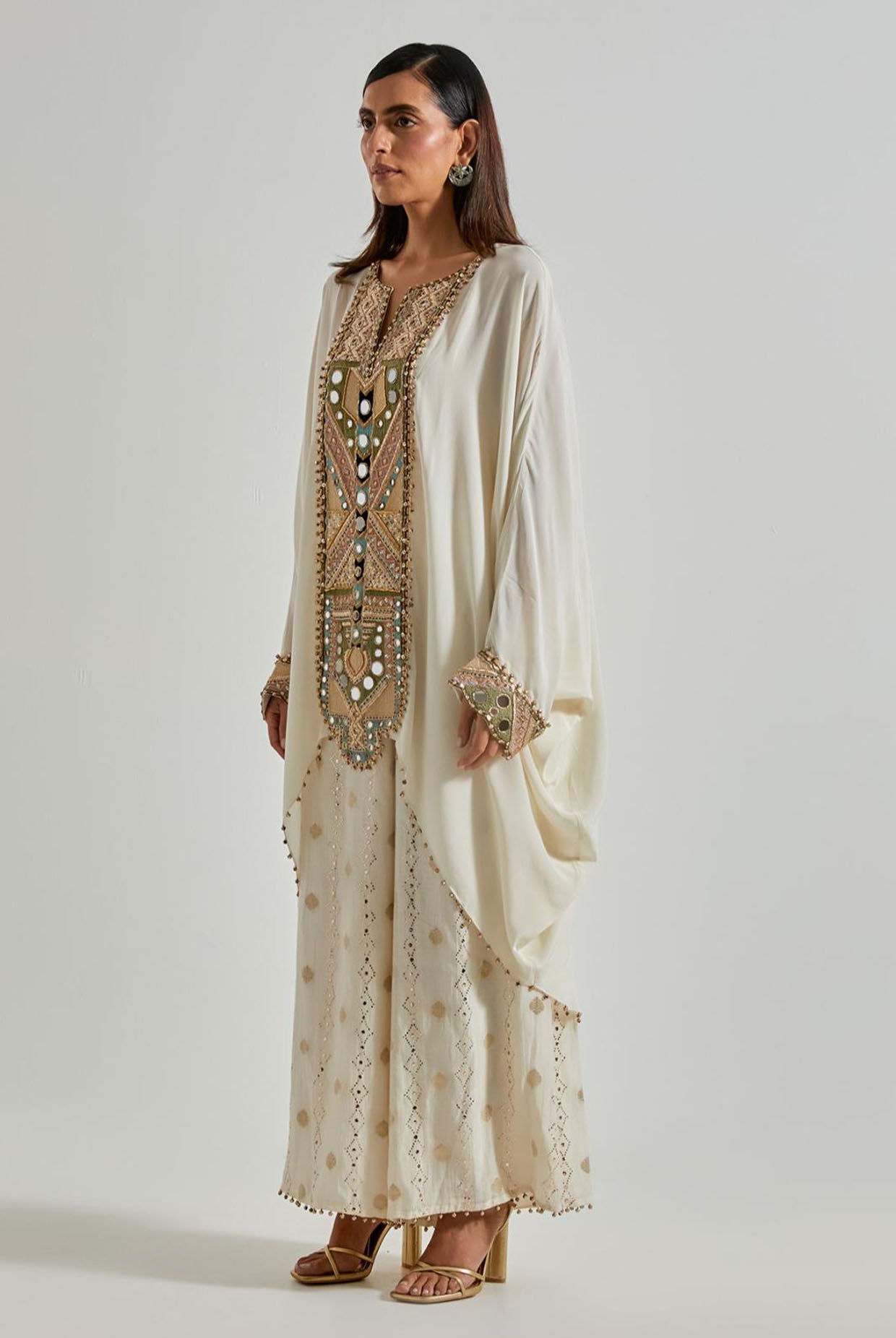 Off-White Crepe Kaftan with Banarasi Palazzo
